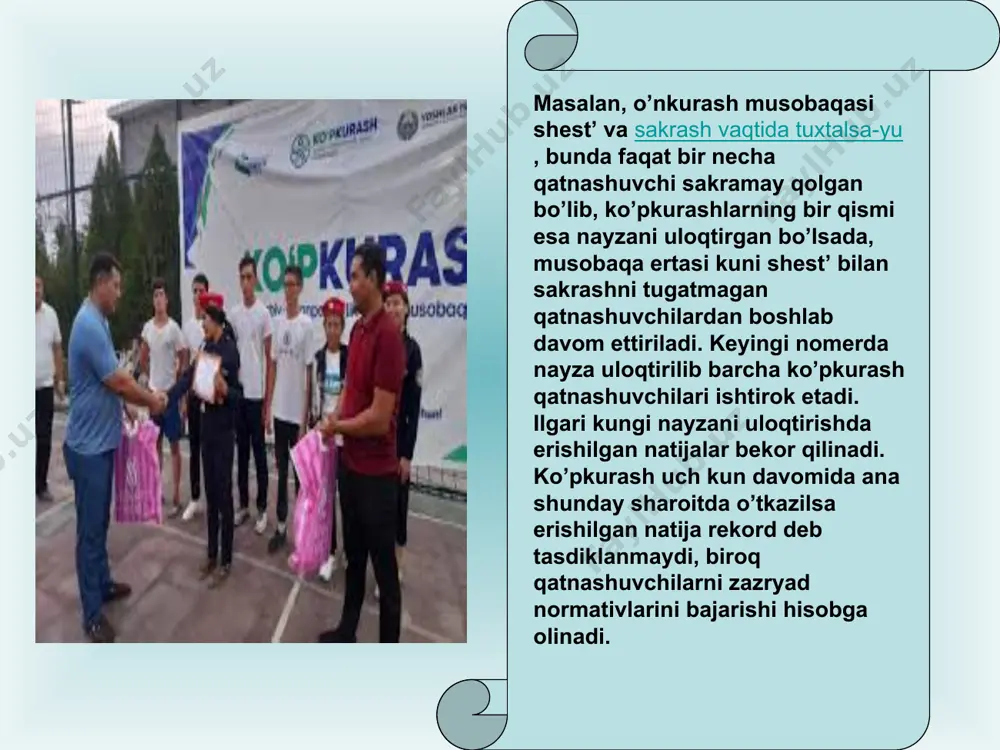 r o`rganishga qaratilgan faoliyat asosiy texnik xarakatlarni avtomatlashtirilgan darajaga etkazish imkonini beradiki, bu shol mashqni mustaqil ravishda va texnik jishatdan to`g`ri bajarishda namoyon bo`ladi. 7. mashq texnikasini mustashkamlash va takomillashtirish uchun o`qituvchi o`quvchi rashbarligida xarakatni mustaqil bajarishni davom ettiradi. tekis yugurish ma`lum masofaga yoki vaqtbay tarzda yugurish yulkasida (soat strelkasi harakatiga teskari yo`nalishda) o`tkaziladi. 400 metrga va undan qisqa masofaga yugurishda har bir yuguruvchi uchun alohida yo`lka ajaratiladi. qolgan masofalarga yugurish umumiy yo`lkada o`tkaziladi. belgilangan masofani o`tish uchun sarflangan vaqt sekundomer bilan o`lchanadi. bir soatlik va ikki soatlik yugurishda vaqt chegaralangan bulib, natija shu vaqt ichida bosib o`tilgan masofa tarzida metr hisobida aniqlanadi. tusiqlar osha yugurishning ikkita xili bor: 1) g`ovlar osha yugurish – bunda yugurish yo`lkasida bir-biridan bir xil o`zoqlikda masofadagi muayyan joylarga quyilgan bir tipdagi tusiqlardan oshib, 60 dan 400 m masofaga yuguradi: 2) 3000 metrga tusiqlar osha yugurish (stipl`-chez) – bunda yugurish yo`lkasida u er- bu erda …