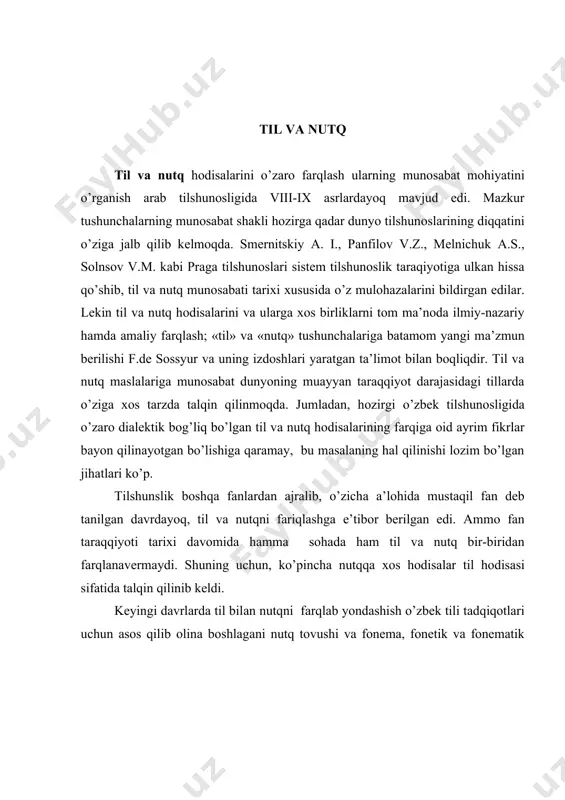 nga kelib o’zini oqlamay qo’ydi. shunday ekan til va nutq, sossyur ta’riflaganidek, bir-biriga zid tushuncha bo’lgani holda ( sossyur bu o’rinda bir-birini taqozo qiluvchi zidlikni nazarda tutgan, deb hisoblansa), bir-biriga bog’liq ravishda bir birini talab qiladi, to’ldiradi. hozirgi davr sistem tilshunosligida til va nutq oppozitsiyasidan kelib chiqib, nutq faoliyati quyidagi 3 tarkibiy qismdan iborat deb hisoblanadi. 1. til; 2. so’zlash qobiliyati (tildan foydalanish ko’nikmasi va malakasi); 3. nutq; til deganda ma’lum bir jamiyatning barcha a’zolari uchun avvaldan tayyor holga keltirilgan, hamma uchun umumiy, qabul qilinishi majburiy, fikrni shakllantirish, ifodalash va boshqa maqsadlar uchun xizmat etadigan birliklar va shu birliklarning o’zaro birikishi va bog’lanishini belgilovchi qonun-qoidalar yig’indisi tushuniladi. so’zlash qobiliyati tushunchasi ostida ma’lum bir jamiyatga mansub shaxsning, shu jamiyatga mansub tildan ogohligi, uning imkoniyatlaridan foydalana olish ko’nikmasi va darajasi anglashiladi. nutq esa yuqorida ta’riflangan tilning til qobiliyati asosida ayrim shaxs tomonidan so’zlash qobiliyati ko’magida ma’lum bir kommunikatsiya maqsadi uchun ishga solinish …
