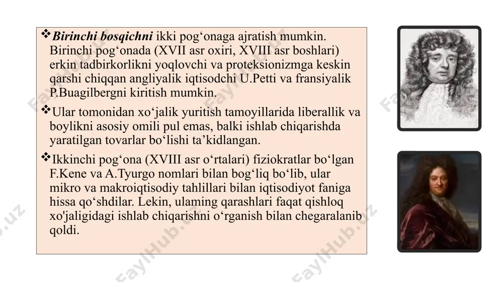 irish makroiqtisodiy muvozanatlilikka erishish tamoyili davlatnin tartiblovchi vazifasi orqali bozor qonuni asosida talab va taklif o‘rtasidagi muvozanat erkin amalga oshadi pul mohiyati pul - bu insonlar ixtirosi, milliy boylikni o'stirish omilidir pul - bu tovarlar olamidan ajralib chiqqan ayirboshlash tovari; pul - ayirboshlashni osonlashtiruvchi vosita. 2. u.pettining iqtisodiy ta’limoti uilyam petti (1623-1687) - angliya klassik siyosiy iqtisodining asoschisidir. k.marks so‘zi bilan aytganda, siyosiy iqtisodning otasi... buyuk tadqiqotchi - iqtisodchi”. u.petti har tomonlama yuksak bilimli odam bo‘lgan. u angliyaning janubidagi romsi shahrida hunarmand-matochi oilasida tug‘ildi. 14 yoshida ota kasbini egallashdan voz kechgan u.petti uydan chiqib ketadi va kemada yollanma dengizchi (yunga) bo‘lib xizmat qiladi. oradan bir yil o‘tgach, taqdir taqozosi bilan oyog‘i lat egan u.petti fransiya hududidagi bir qirg‘oqda qoldirib ketiladi. bu notanish chet o‘lkalarda lotin tilini bilganligi tufayli u kan kollejiga qabul qilindi va tinglovchi sifatida moddiy jihatdan ta’minlandi. kollej unga fransuz va grek tillarini, matematika, astronomiyani o‘rganishga imkoniyat yaratib …
