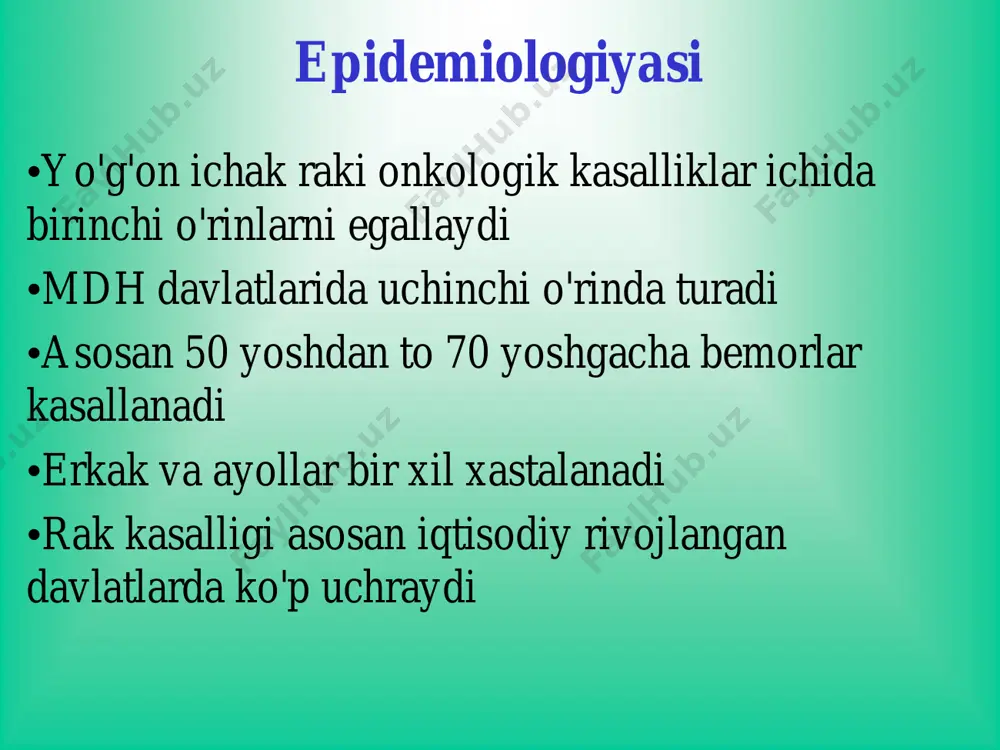 kechuvchi tug'ma kasallik bo'lib, qabziyat va qorinning keskin dam bo'lishi bilan namoyon bo'ladi. tug'iladigan har 5000 ta chaqaloqdan bittasida uchrashi mumkin. asosan yosh bolalarda va o'smirlarda uchrab, kattalarda esa juda kam hollarda kuzatiladi. etiologiyasi yugon ichak ganglionoz nerv tugunlarining kamligi yoki umuman bulmasligi diagnostikasi  bemorning shikoyatlari  anamnezi  rektal tekshiruv  rektoromanoskopiya  irigografiya klinik kechishi asosiy belgilari: • qorinning dam bo'lishi • ich kelmasligi • qabziyat, ich kelishga aslo mayl yo'qligi • assimetrik qorin • ba'zan qabziyat ich surishi bilan alma-shinadi (paradoksal ich surishi). • intoksikatsiya alomatlari: bosh og'rig'i, behol-lik, ishtaha yo'qligi diagnostika rektal tekshiruv irigografiya davolash: xirurgik, aganglionar zonana rezektsiya qilinib, dekompensatsiyaga uchragan yogon ichak kismlari olib tashlanadi. nospetsifik yarali kolit nospetsifik yarali kolit - yo'g'on va to'g'ri ichaklar shilliq qavatining yarali- nekrotik o'zgarishi bilan kechuvchi surunkali yallig'lanish kasalligidir. patogenezi organizm sensibilizatsiyasi autoimmun reaktsiya rivojlanishi i ichak shilliq qavatida antigen- antiteloreaktsiyasi kolit, yaralar kelib chiqishi ikkilamchi …
