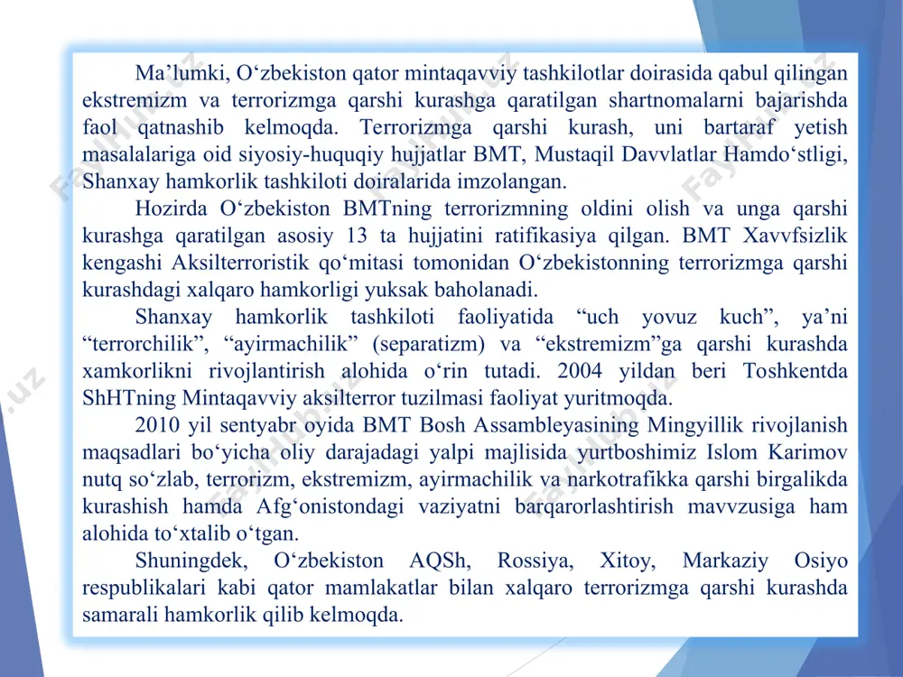 rensiyani o‘tkazish tarafdorimiz”, deb ta’kidladi. “2022-2026 yillarga mo‘ljallangan yangi o‘zbekistonning taraqqiyot strategiyasi”dagi oltinchi ustuvor yo‘nalish “milliy manfaatlardan kelib chiqqan holda umumbashariy muammolarga yondashish” deb nomlangani bejiz yemas. ayniqsa, ushbu ustuvor yo‘nalishning “ekstremizm va terrorizmga qarshi kurashishning samarali mexanizmalarini shakllantirish” sarlavvhali 82-maqsadi muhim ahamiyat kasb yetadi. hozirgi vaqtda taraqqiyot strategiyasi doirasida, jumladan: ekstremizm va terrorizmni keltirib chiqaruvchi omillarning oldini olishga qaratilgan preventiv mexanizmlarni takomillashtirish, ijtimoiy-ma’navviy muhitni yaxshilash, yot g‘oyalar ta’sirining oldini olish va bunday ta’sirga tushib qolganlar bilan tizimli ishlash orqali ularning muammolarini bartaraf yetish; aholi, ayniqsa yosh avvlodda terrorizm va ekstremizm mafkurasiga qarshi qat’iy va barqaror immunitetni shakllantirish; ekstremizm va terrorizmga qarshi kurashishning xalqaro-huquqiy asoslarini takomillashtirish hamda xorijiy davvlatlar, mintaqavviy va xalqaro tashkilotlar bilan ekstremizm va terrorizmga qarshi kurashish sohasidagi hamkorlikning shartnomavviy-huquqiy asoslarini kengaytirish; diplomatik vakolatxonalar va konsullik muassasalari, tashqi mehnat migrasiyasi agentligi, shuningdek, chet yelga uzoq vaqtga ketayotgan hamda yashab kelayotgan fuqarolar bilan shug‘ullanuvchi boshqa idoralarning kadrlar salohiyati va …