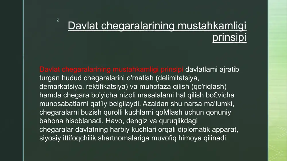 ushbu prinsipni mustaqil prinsip sifatida ajratmaydi. uning mohiyati boshqa prinsiplarda o 'z aksini topgan z davlatni hududiy daxlsizlikka va butunlikka botgan huquqini himoya qiluvchi davlatlarning hududiy butunligi prinsipi davlat suverenitetini ta'minlashning muhim vositasi hisoblanadi. bmt nizcminiiig 2-moddasi 4-bandi a’zo davlatlami kuch ishlatish va kuch ishlatishni tahdid qilishdan, bundan tashqari, “har qanday davlatning hududiy daxlsizligi yoki siyosiy mustaqilligi” qarshi o ‘zini tiyish majburiyatini mustahkamlagan.' hududiy birlik prinsipining ilk ko‘rinishi umumjahon tinchlik va hamkorlik to 'g ’risidagi bandung deklaratsiyasida (1955) aks ettirilgan bo’lib. unga ko ;ra “har qanday mamlakatning siyosiy mustaqilligiga va hududiy birligiga qarshi agressiya aktlari yoki kuch ishlatishdan o ‘zini tiyish” ning zarurati mustahkamlangan. “bandung formulasi” ikki tomonlama shartnomalarda uni keng qodlanilishiga erishdi. mustamlaka mamlakatlar va xalqlarga erkinlik berilishi to ‘g ‘risidagi deklaratsiyada “barcha xalqlar ularning milliy hududlarining butunligiga bodgan ajralmas huquqqa ega” ekanligi. z davlat hududi bmt nizomi talablarini buzgan holda kuch ishlatish natijasida harbiy mustamlaka obyekti yoki kuch …