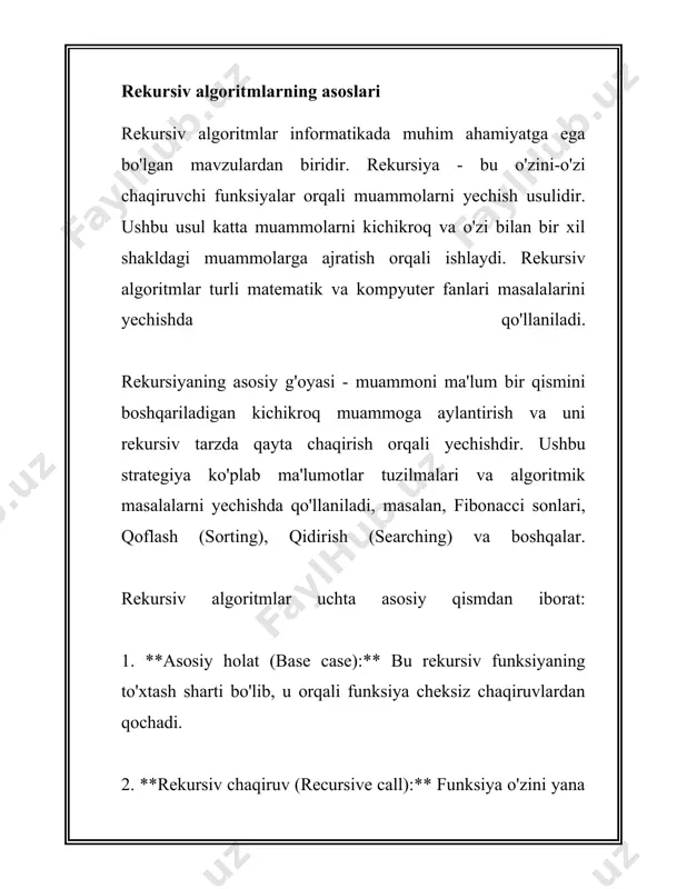 chilishini ko'dning ko'proq o'qilishi osonroq usulda yozishga imkon beradi. ammo rekursiya ko'p resurslarni talab qilishi mumkin, chunki har bir rekursiv chaqiruv stakda xotira bo'limini ishlatadi. masalan, fibonacci sonlarini hisoblashda rekursiv yondashuv ishlatilishi mumkin. fibonacci ketma-ketligi quyidagicha ta'riflanadi: - f(0) = 0, - f(1) = 1, - f(n) = f(n-1) + f(n-2) rekursiv algoritm: ``` function fibonacci(n) if n 1 bo'lsa bu joyda asosiy holatlar f(0) va f(1), rekursiv chaqiriqlar esa f(n - 1) va f(n - 2). yana bir misol – faktorial hisoblash. faktorial n! quyidagicha aniqlanadi: - n! = n * (n - 1)!, agar n > 0 bo'lsa - 0! = 1 bu holda asosiy holat 0! = 1, rekursiv chaqiriq esa n * (n - 1)!. rekursiv funksiyalar ba'zida ma'lum kamchiliklarga ega, masalan, ular stack (xotirada) ko'p joy egallashi mumkin. shu sababli, rekursiyaga asoslanib yozilgan dasturlar katta hajmdagi shartlarni ishlashda stack overflow xatolariga olib kelishi mumkin. bunday …