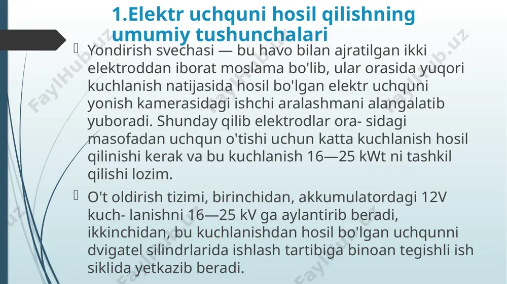 echalaridan va yuqori kuchlanish tokni o'tkazuvchi simlardan iborat. uzgich kontaktlari pr (11.1-rasm) kulachok (mushtcha) k tomonidan mexanik ravishda uziladi, kulachok, o'z navbatida, dvigatelni taqsimlash validan harakat oladi va shuning uchun ham shu tirsakli valdan ikki barobar sekinroq aylanadi. image1.jpeg /docprops/thumbnail.jpeg