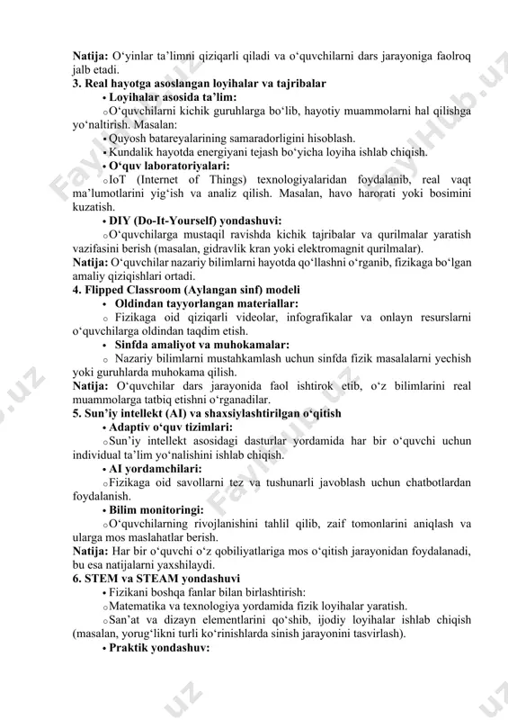 a’limida katta hajmdagi ma’lumotlarni tahlil qilish orqali o‘quvchilarning o‘rganish jarayonidagi qiyinchiliklarini aniqlash. · natijalarga asoslangan holda, darslarni yaxshilash uchun strategiyalar ishlab chiqish. yangi innovatsion pedagogik texnologiyalarni fizika ta’limida qo‘llash, nafaqat o‘quvchilarni fan bilan qiziqtirish, balki ularga nazariy bilimlarni real hayotga tatbiq qilish ko‘nikmalarini shakllantirishda ham muhim ahamiyatga ega. bu istiqbollar ta’lim sifatini oshirishga va o‘quvchilarning ijodiy fikrlashini rivojlantirishga xizmat qiladi. 3.zamonaviy innovatsion pedagogik texnologiyalardan foydalangan holatda o‘quvchilarning fanga bo‘lgan qiziqishlarini oshirish metodikasi. zamonaviy innovatsion pedagogik texnologiyalardan foydalangan holda o‘quvchilarning fizika faniga bo‘lgan qiziqishlarini oshirish metodikasi fizikani qiziqarli, tushunarli va hayotiy ahamiyatini ko‘rsatishga qaratilgan. quyida ushbu maqsadga erishish uchun taklif qilinadigan metodika bayon qilinadi: 1. interaktiv ta’lim muhitini yaratish · virtual va qo‘shimcha reallik (vr/ar): · fizik hodisalarni immersiv tarzda ko‘rsatish. masalan, elektromagnit to‘lqinlarni ko‘rish yoki quyosh sistemasida sayyoralar harakatini vr yordamida o‘rganish. · ar ilovalar yordamida real hayotda ko‘rinmas fizik kuchlar (masalan, kuch chiziqlari yoki magnit maydonlar)ni namoyish qilish. · …