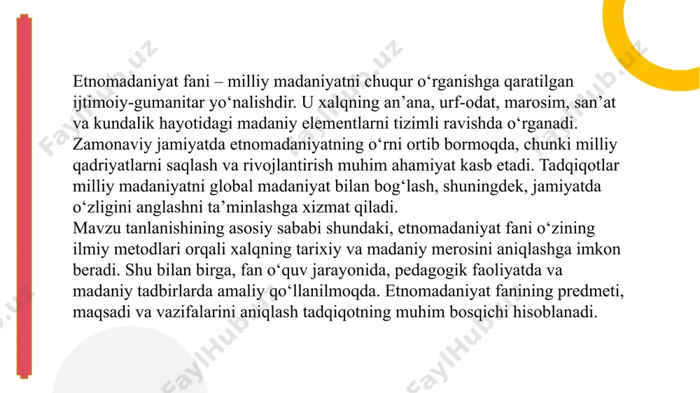 san’at asarlari tizimli ravishda o‘rganiladi. bu esa milliy madaniyatning barcha qatlamlarini tahlil qilish va ularni ilmiy nuqtai nazardan baholash imkonini yaratadi. etnomadaniyat fanining amaliy ahamiyati ham muhimdir. tadqiqotlar natijalari milliy bayramlar, marosimlar, urf-odatlarni saqlash va rivojlantirish, shuningdek, ta’lim tizimida milliy madaniyatni o‘qitish va targ‘ib qilishda qo‘llaniladi. shu bilan birga, fan yordamida global madaniyat va modernizatsiya sharoitida milliy qadriyatlarni himoya qilish va uyg‘unlashtirish yo‘llari aniqlanadi. jamiyat hayotidagi ahamiyati esa shundaki, etnomadaniyat tadqiqotlari orqali odamlar milliy madaniyatning qadrini anglashi, tarixiy ildizlarini bilishi va madaniy o‘zligini rivojlantirishi mumkin. milliy qadriyatlarni bilish va hurmat qilish ijtimoiy barqarorlik, milliy birlik va madaniy ongning shakllanishiga xizmat qiladi. etnomadaniyat fanining maqsadi va ahamiyati bir-biri bilan chambarchas bog‘langan. fan nafaqat ilmiy bilimlarni boyitadi, balki amaliy jihatdan madaniyatni saqlash, uni jamiyat hayotiga tatbiq etish va kelajak avlodga yetkazishda muhim vosita hisoblanadi. shu sababli, etnomadaniyat tadqiqotlari zamonaviy sharoitda milliy madaniyatni o‘rganish va rivojlantirishning muhim vositasi sifatida qadrlanadi. etnomadaniyat fanining vazifalari …
