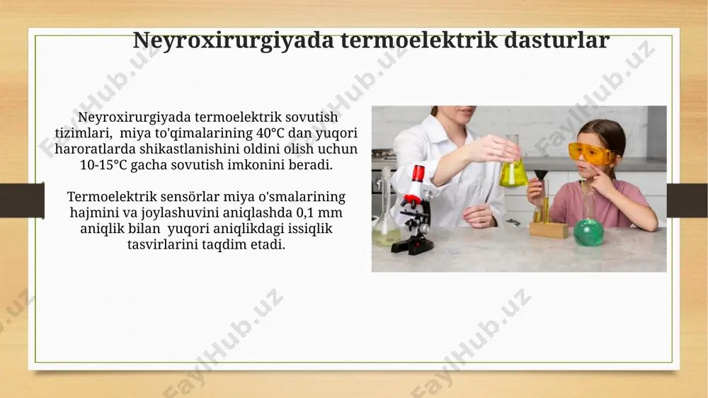 g dolzarb masalalari biotibbiyot dasturlarida ishlatiladigan termoelektrik materiallarning biomuvofiqligi va uzoq muddatli barqarorligi muammolari dolzarb hisoblanadi, bu esa 5-10 yillik ishlash muddatini ta'minlashni talab qiladi. termoelektrik generatorlar samaradorligini 15-20% ga oshirish bo'yicha tadqiqotlar, issiqlik o'tkazuvchanligini kamaytirish va seebeck koeffitsiyentini oshirishga qaratilgan. tibbiy tasvirlashda termoelektrik sensorlar termoelektrik sensorlarning miniatyurizatsiyasi (1 mm dan kam) invaziv bo'lmagan termal tasvirlash usullarini rivojlantirish va yuqori aniqlikdagi biotibbiy ma'lumotlarni olish imkonini beradi. termoelektrik sensorlar yordamida olingan tasvirlarning yuqori fazoviy va vaqtinaviy o'zgaruvchanligi (10-100µm va 1-10ms oralig'ida) yuqori aniqlikdagi diagnostika imkoniyatlarini taqdim etadi. termoelektrik implantlar ba'zi termoelektrik implantlar 5-10 mv kuchlanish hosil qiladi va bu energiyani bio-sensorlarni quvvatlash yoki boshqa tibbiy maqsadlar uchun ishlatish mumkin. miniatyurizatsiya texnologiyalarining rivojlanishi tufayli, 1 kub santimetrdan kam hajmda 1 vt dan ortiq quvvat ishlab chiqaradigan termoelektrik implantlarni yaratish mumkin bo'ldi. e'tiboringiz uchun rahmat @taqdimot_robot image7.jpg image8.jpg image9.jpg image10.jpg image11.jpg image12.jpg image13.jpg image14.jpg image15.jpg image16.jpg image17.jpg image18.jpg image3.png image4.png