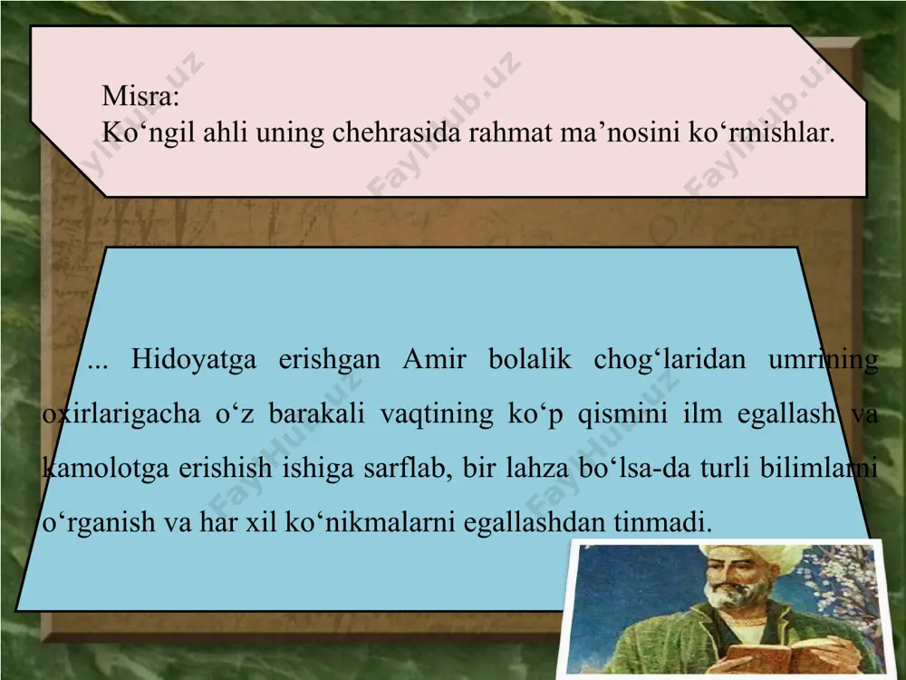 lar keldi: – xudoga qasam ichib aytamanki, agar iloji bo‘lganida edi, o‘zimning o‘n-o‘n ikki ming baytdan iborat bo‘lgan turkiy va forsiy g‘azallarimni birgina ushbu g‘azalga almashtirgan va ushbu ayirboshlash natijasini katta muvaffaqiyat deb hisoblagan bo‘lardim. go‘zal xislatlarga ega bo‘lgan amirning she’riy asarlaridan biri shayx nizomiyning «panj ganj» («besh xazina») dostoniga muqobil tarzda yozilish sharafiga muyassar bo‘lgan yigirma yetti ming baytdan tashkil topgan turkiy «xamsa» bo‘lib, bu kitobda ko‘pgina nozik ma’nolar va go‘zal fikrlar bayon etilgan. hikoyat bir kuni hidoyat nasabli amir asr namozini o‘qigandan so‘ng, har kunlik odatiga xilof ravishda, jamoat namoziga kelmagan kishilarni surishtirishga kirishmasdan, shosha-pisha o‘zlarining shaxsiy bog‘chalari tomon yo‘l oldilar va unchalik vaqt o‘tmasdan, tezda qaytib keldilar. bundan ul hazratning xizmatida bo‘lgan mulozimlardan ayrimlari hayron bo‘ldilar. ul hazrat bu holatni tushunib, o‘zidan gavharlar sochuvchi tillari bilan quyidagi so‘zlarni aytdilar: masjidga kelayotgan chog‘imda falon joyda to‘xtab, tahorat qilgan edim. [namoz chog‘ida] jamoat [bo‘lib namoz o‘quvchilar] safida turganimda yelkamga …