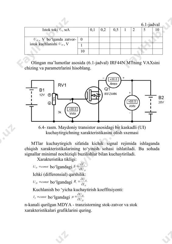 shakli bo‘yicha turlari 7.5-rasm. impulsning turlari rc-zanjirdan impuls o‘tishi rc-zanjirlarda birlik qadamdagi kuchlanish va tok rc-zanjirning kirish qismiga (7.6-rasm) birlik qadamdagi kuchlanish ulanadi (7.7-rasm). 7.6-rasm. rs-zanjirning qadamdagi prinsipial sxemasi 7.7-rasm. birlik kuchlanish grafigi birlik qadamga zanjir reaksiyasini aniqlaymiz, ya’ni quyidagi munosabatlarni topamiz: sakrash tenglamasi, ya’ni zanjir kirish qismidagi kuchlanish quyidagicha bo‘ladi: boshlang‘ich shartlari , , . zanjir uchun kirxgofning 2-qonuniga ko‘ra: , larni inobatga olib quyidagini hosil qilamiz: . rc-zanjirni differensial tenglama yordamida standart ko‘rinishida quyidagicha yozamiz: boshlang‘ich shartlari bilan: , , . bunday differensial tenglamaning yechimini erkin va majburiy tashkil etuvchilari orqali aniqlanadi: erkin tashkil etuvchisi quyidagicha yoziladi: va zanjirga e’tirozli ta’sir etuvchi bo‘lmagan holda o‘zining o‘tkinchi jarayonini ifodalaydi(tenglamaning o‘ng tomoni nol holatda), demak, ; deb belgilab, bu tenglamani operator ko‘rinishida quyidagicha yozamiz: o‘tkinchi jarayonda vaqt birligida eksponensial qonuniyat bilan o‘zgarganligi, ya’ni bo‘lganligi uchun , bundan xarakteristik tenglamaning ildizini aniqlaymiz: p ning qiymatini tenglamaning erkin tashkil etuvchisiga qo‘yib, quyidagini …