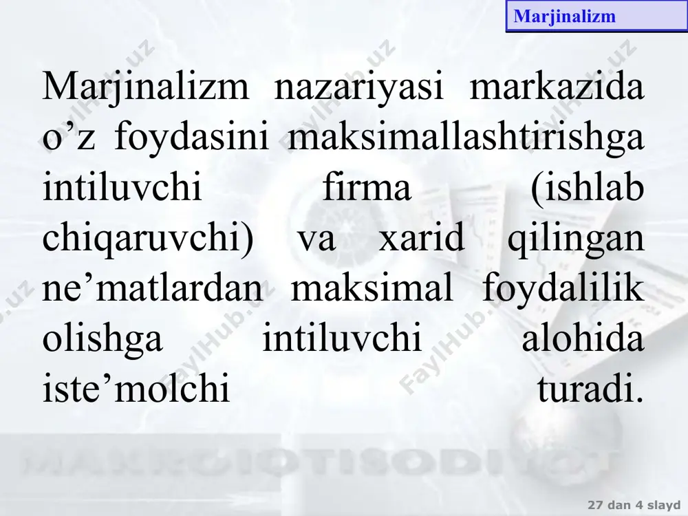 op ettirmagan va havola va ilova bilan birga ma’lum qilgan. marshall nazariyotchi, gumanitar, matematik va tarixchining g’alati aralashmasi bo’lgan. 27 dan ‹#› slayd 12 mavzu. iqtisodiy o’sish iqtisodiyot tamoyillari 6 jilddan iborat va hayoti davomida uni 8 marta nashrdan chiqarishgan. jamiyatning normal hayot faoliyatini tadqiq etish bilan shug’ullangan. siyisiy iqtisod va iqtisod fani insoniyatning oddiy biznesdagi hayotini o’rgatadi, u insonning yoki jamiyatning moddiy boyligi va unga erishish bilan bog’liq bo’lgan yakka hamda ijtimoy harakatlarni tadqiq etadi. 27 dan ‹#› slayd 12 mavzu. iqtisodiy o’sish marshall xochi marshall o’zidan oldin o’tgan klassiklardan farqli ravishda, iqtisodiy kategoriyalarni “isbot’ talab etuvchi u yoki bu asosiy chegaralinishi maqsadga muvofiq deb hisoblaydi.bozorda erkin bahoning shakllanish muammosi asosiy o’rin egallaydi. bunda bozor muvozanati yagona organizm sifatida, xo’jalik yurituvchi subyektlar chaqqon va bir-biri to’g’risida yaxshi ma’lumotga ega. bozor bahosiga eng yuqori naf asosida aniqlanadigan talab bahosi va eng yuqori harajatlar bilan topiladigan taklif bahosining kesishish natijasi deb …