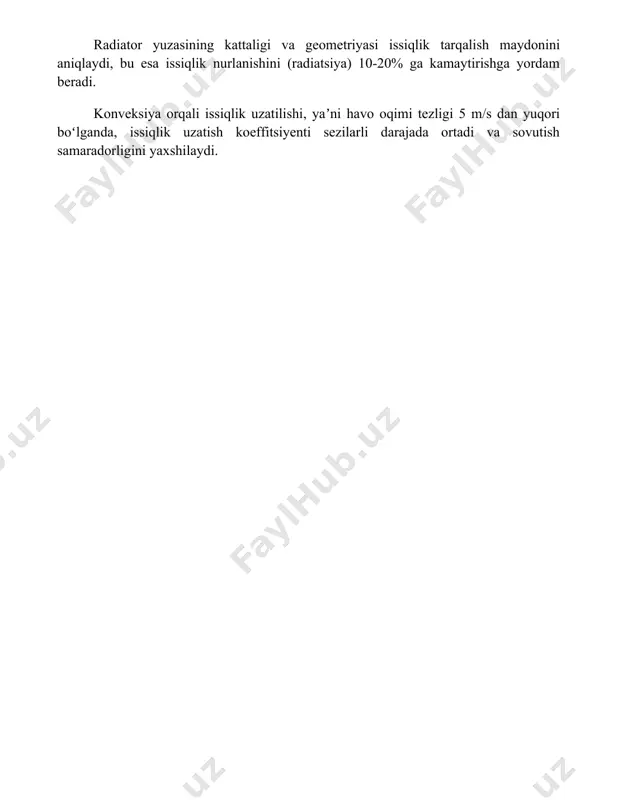 kattaligi va geometriyasi issiqlik tarqalish maydonini aniqlaydi, bu esa issiqlik nurlanishini (radiatsiya) 10-20% ga kamaytirishga yordam beradi. konveksiya orqali issiqlik uzatilishi, yaʼni havo oqimi tezligi 5 m/s dan yuqori boʻlganda, issiqlik uzatish koeffitsiyenti sezilarli darajada ortadi va sovutish samaradorligini yaxshilaydi. 📌xulosa havoni sovutish tizimiga ega dvigatellarning tuzilishi va istiqbollari samarali issiqlik chiqarishni ta'minlaydi, ammo atrof-muhit sharoitlariga bog'liqligi va yuqori tezliklarda samaradorlikning pasayishi kabi kamchiliklar mavjud. kelajakda yanada takomillashtirilgan dizaynlar va materiallar qo'llanilishi kutilmoqda. 📚foydalanilgan adabiyotlar 1. "havoni sovutish tizimining tuzilishi va istiqbollari" mavzusida ilmiy maqola. 2. ichki yonuv dvigatellari haqida darslik. 3. "avtomobil sovutish tizimlari" qo'llanmasi. 4. havoni sovutish tizimlari bo'yicha patentlar to'plami. 5. "zamonaviy avtomobil texnologiyalari" jurnalidagi tegishli maqola. 6