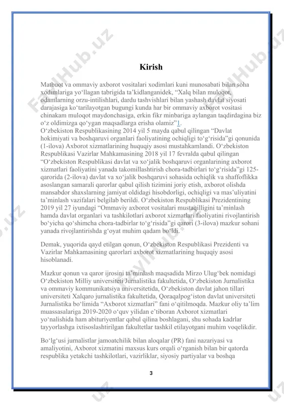 publikasi prezidentining 2019 yil 2 fevral kuni qabul qilingan “axborot sohasi va ommaviy kommunikatsiyalarni yanada rivojlantirishga oid qo‘shimcha chora-tadbirlar to‘g‘risida”gi farmonida “davlat organlari, xo‘jalik boshqaruvi organlari, davlat korxonalari va tashkilotlari matbuot xizmatlarining jamoatchilik va ommaviy axborot vositalari bilan o‘zaro hamkorligi yetarli darajada yo‘lga qo‘yilmagan”i qayd etilib, o‘zbekiston respublikasi prezidenti administratsiyasi huzuridagi axborot va ommaviy kommunikatsiyalar agentligi zimmasiga davlat organlari va boshqa tashkilotlarga ular faoliyatining ochiqligini ta’minlashda, davlat xizmatchilariga ommaviy axborot vositalari bilan ochiq, ommaviy o‘zaro hamkorlik qilish madaniyatini singdirishda, shu jumladan, ularning axborot xizmatlari (jamoatchilik bilan ishlash bo‘yicha bo‘linmalari) faoliyatini muvofiqlashtirish va uslubiy jihatdan ta’minlash orqali ko‘maklashish vazifasi ham yuklatildi. bu vazifalar to‘la-to‘kis bajarilishi uchun avvalo har bir vazirlik, idora, muassasa va tashkilotning axborot xizmatlari ham mas’uldirlar. i. har kuni yangi axbirot to’plash va oav da tarqatish axborot xizmati xodimlari har kuni o‘z tashkilotidan yangi axborot va ma’lumotlar olish, to‘plash va qaysi oavga taqdim etish rejasini ishlab chiqishi zarur. bu …