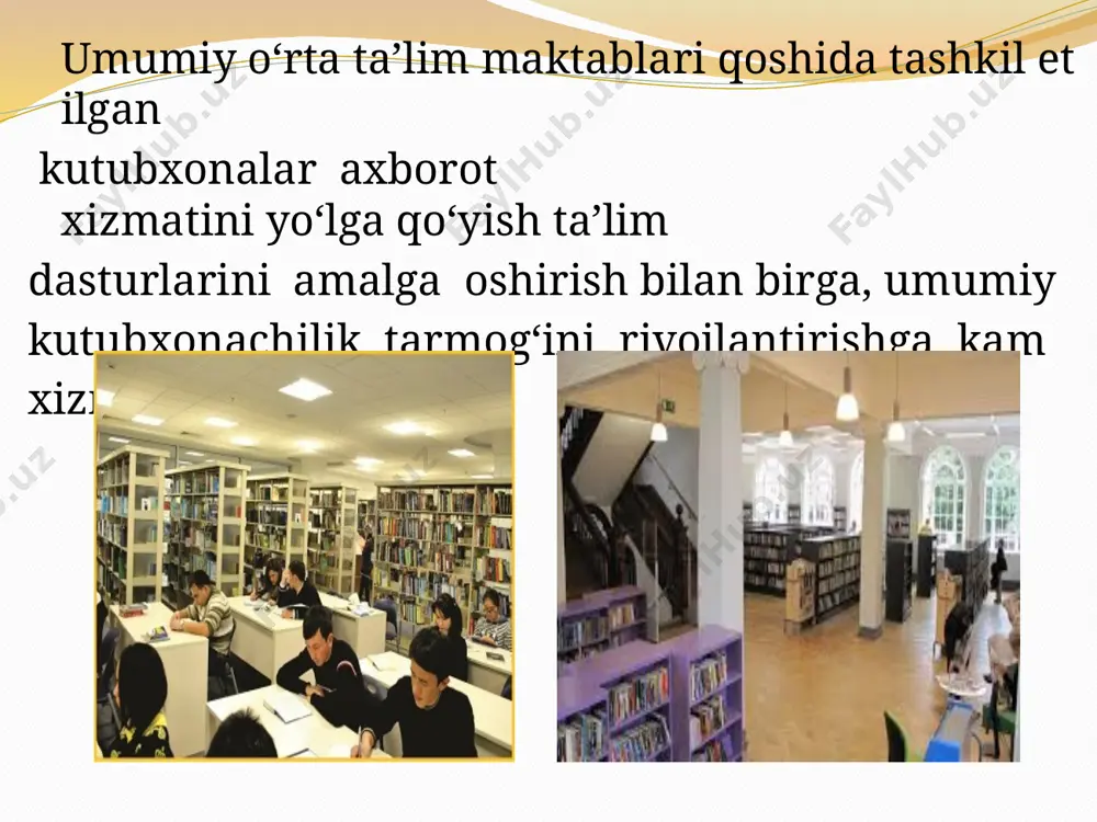 i kitobxonlikka qiziqtirishda multimedia, elektron materiallar va elektron resurslardan foydalanish o‘quvchi bolalar va o‘smirlarda axborot texnologiyalaridan foydalanish shakllari turlicha, ular guruhiy va yo‘naltirilgan, rasmlar orqali taqdim etilgan va boshqalar bo‘lishi mumkin. kitobxonlikka qiziqtirishda akt dan foydalanib, multimedia va elektron materialar, elektron resurslar hamda kutubxona saytini yaratish, o‘quvchilar bilan ishlashda tarmoq interaktiv shakllardan foydalanish kabi omillar bo‘lishi mumkin. bundan tashqari, o‘quvchilar tomonidan ham mustaqil elektron resurslar yaratilishiga va ular bilan kutubxona fondini boyitishga ham e’tibor qaratish lozim. elektron va multimediya materiallarini yaratish zamonaviy kutubxona resurslarining asosiy qismini tashkil etishi zarur. elektron resurslarni yaratishda kutubxonachilarning ham tashabbuslari muhim o‘rin tutadi. ular qatoriga quyidagilarni kiritish mumkin: o‘quvchilarga qo‘shimcha tavsiya etiladigan adabiyotlar, maktab kitob fondi portfeliosi, mavzuli elektron adabiyotlar va resurslar sharhi, annotatsiyalangan va bezatilgan kartotekalar, adabiyotlarning bibliografik ko‘rsatkichlar va boshqalar. kutubxonadagi innovatsiyalar e’tiboringiz uchun rahmat image2.jpeg image3.jpeg image4.jpeg image5.png image6.jpeg image7.png image8.jpeg image9.jpeg image10.jpeg image11.jpeg image12.jpeg image13.jpeg image14.jpeg image15.jpeg image16.jpeg image17.jpeg image18.jpeg image19.jpeg …