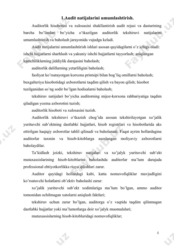 lganidan so’ng to’langan qarzlarga nisbatan yetarli darajada deb baholanishi mumkin. shundan so’ng auditor to’lovi tasdiqlangan va tasdiqlanmagan qarzlar summalarining katta - kichikligini baholaydi; schyotlarni buxgalteriya hisoboti tuzilganidan so’ng tayyorlangan moddiy javobgar shaxslar hisobotlari bilan, hisob ma’lumotlari bo’yicha qoldiqlar bilan solishtirish. buxgalteriya hisoboti tuzilgan kundan oldin olingan barcha schyotlar (etkazib berilgan tovarlar, bajarilgan ish va ko’rsatilgan xizmatlar uchun) joriy davrdagi hisobda va shu davr uchun tuzilgan hisobotda aks ettirilishi kerak. shuning uchun buxgalteriya balansi tuzilgan sanadan so’ng tayyorlangan materiallar harakati to’g’risidagi hisobotlar va schyotlardagi sanalar, mulklar va majburiyatlarning balansda to’g’ri aks ettirilganligini tekshirish maqsadida taqqoslanishi maqsadga muvofiq; mavjud qoldiqlarni schyot-fakturalar ma’lumotlari, moddiy javobgar shaxslar hisobotlari va to’lov hujjatlari bilan solishtirish. agar debitor va kreditor qarzlarning miqdori xo’jalik yurituvchi sub’ekt moliyaviy ahvoli uchun sezilarli darajada bo’lsa, auditorlar hisobga olishning to’g’riligi va aniqligini tekshirishi, shuningdek, hisob ma’lumotlari bo’yicha majburiyatlarning oshirib ko’rsatilmaganligini aniqlashlari lozim. bu holda dastlabki hujjatlar ma’lumotlari analitik hisob registrlari (jurnallar, oborot …