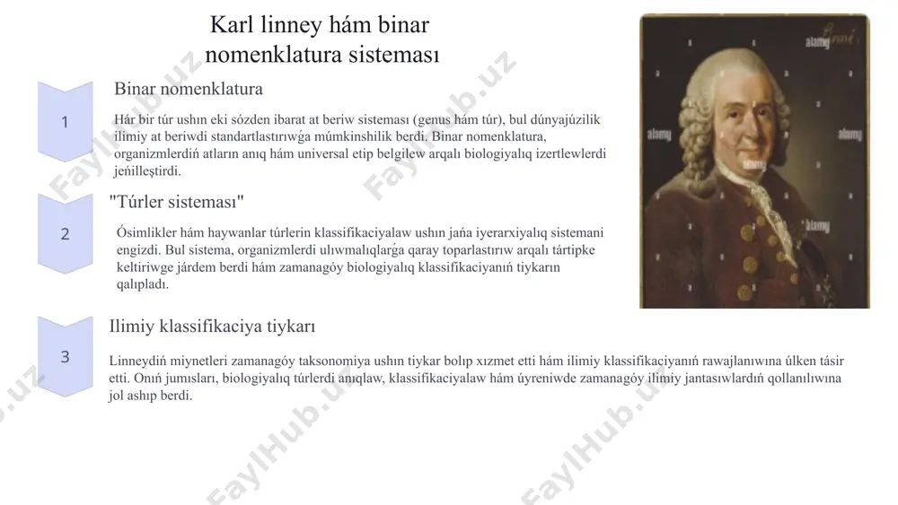 masa uzınsha bolıwı hám olardıń qarama-qarsı yamasa gezекlesip jaylasıwı itibarǵa alınadı. japıraq shetleri tegis, arralı yamasa bóleklenip ketiwi múmkin. gúl dúzilisi gúllerdiń dúzilisi, atalıq hám analıq sanı ósimliklerdi klassifikaciyalawda tiykarǵı belgiler bolıp xızmet etedi. gúl bólimleriniń sanı, mısalı, gúl japıraqshaları, gúl tazası hám atalıqlar sanı, sonıń menen birge, gúldiń túri (aktinomorf yamasa zigomorf) itibarǵa alınadı. 7 ximiyalıq hám fiziologiyalıq belgilerge tiykarlanǵan jantasıwlar ósimliklerdi klassifikaciyalawda ximiyalıq hám fiziologiyalıq belgiler úlken áhmiyetke iye. alkaloidler (mısalı, kofein yamasa morfin), terpenoidler (mısalı, mentol yamasa limonene) hám flavonoidler (mısalı, antocyaninler yamasa quercetin) sıyaqlı ximiyalıq birikpelerdiń bar ekenligi yamasa joqlıǵı ósimliklerdi ayırıp alıw ushın paydalanıladı. c3, c4 yamasa cam fotosintez jantasıwları, suwdıń sarıplanıw effektivligi hám topıraqtaǵı duzǵa shıdamlılıq dárejesi sıyaqlı fiziologiyalıq belgiler itibarǵa alınadı. bul jantasıwlar ósimliklerdiń qurg'aqshılıqqa, suwǵa, duzǵa hám temperaturanıń ózgeriwine beyimlesiwin anıqlawda úlken rol oynaydı hám taksonomiyalıq analizlerde qollanıladı. 8 molekular filogeniya dnk -sekvenciyalaw ósimliklerdiń genomların sekvenciyalaw arqalı, belgili genler yamasa bólimlerdi analizlew …