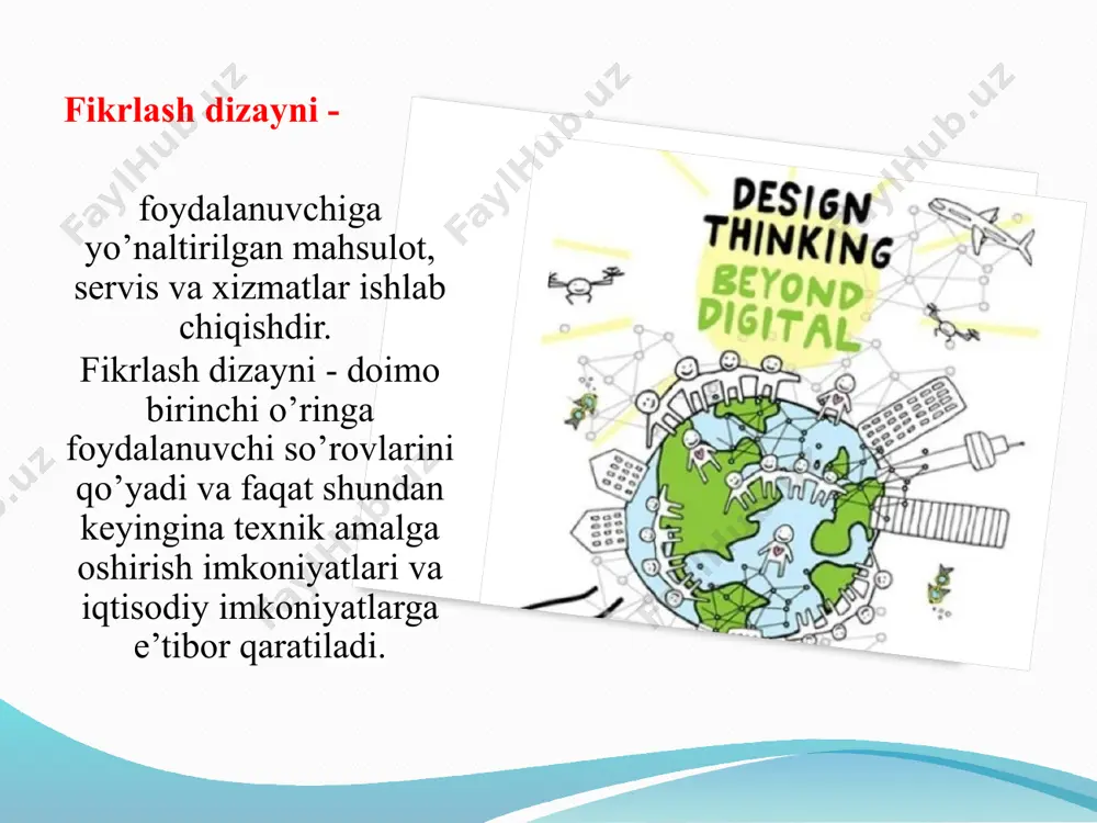 nini o’ylab topgan deb bo’lmaydi, chunki mohiyatan fikrlash dizayni - bu sog’lom fikrdir. biroq plattner va kelli tamoyillarni tushunchaga oid konsepsiyaga joylab, brend yaratdi va amaliyot sifatida rivojlantira boshladi. fikrlash dizayni - usuli olti bosqichi kuzatish tushunish fikrlash nuqtai nazar tekshirish prototip fikrlash dizayni - usuli olti bosqichi empatiya. fokuslashtirish g‘oyalar ishlab chiqish g‘oyani tanlash prototiplash test o‘tkazish 1. empatiya. insonga yo‘naltirilgan dizayn-jarayoni markazi. empatiya – o‘zini boshqa odamning o‘rniga qo‘yib ko‘rish va uning hissiyotlari, xohish-istaklari, g‘oyalari va harakatlarini tushunishga harakat qilish. empatiyaning asosiy jihati – birga qayg‘urish ongli ravishda ro‘y beradi. siz bir xil hissiyotlarni boshingizdan kechirasiz, lekin bu hissiyotlarning tashqi ro‘y berishini tushunasiz va tanqidiy idrok qilishni saqlab qolasiz. empatiya - bu siz ataylab qiladigan narsalardir. 2. fokuslashtirish to‘g‘ri yechim topishning yagona usuli – muammoni to‘g‘ri tushunishdir. biznes jarayonida fokuslashtirish juda muhim rol o‘ynaydi, chunki odamlar hayoti haqida to‘plangan axborotlardan kelib chiqib, hal qilish lozim bo‘lgan muammoning yorqin …