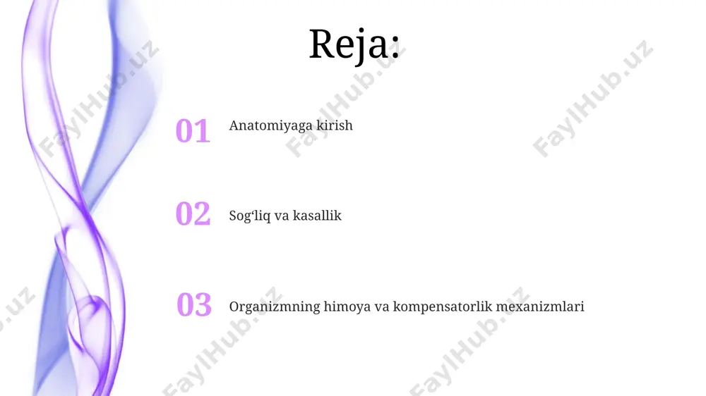 shikastlanishiga olib kelishi mumkin, bu esa tuzatib bo'lmaydigan organning disfunktsiyasiga olib keladi. yallig'lanish 5 asosiy belgilari (qizarish, shish, og'riq, issiqlik, funktsiyaning buzilishi) immunitet reaktsiyasining markaziy qismi bo'lib, to'qimalarni shikastlanishdan himoya qiladi. patologik jarayonlar patologik jarayonlar hujayra yoki to‘qima darajasida sodir bo‘ladigan, normadan chetga chiqish bilan tavsiflanuvchi, 100 dan ortiq turli xildagi buzilishlarni o‘z ichiga oladi. yallig'lanish, degeneratsiya va o'sma kabi patologik jarayonlar organizmning 75 foiz kasalliklarida asosiy rol o'ynaydi, bu esa salbiy oqibatlarga olib keladi. anatomiyaga kirish anatomik o'rganishda 12 asosiy organlar sistemasi mavjud: skelet, mushak, nerv, endokrin, yurak-qon tomir, limfa, nafas olish, ovqat hazm qilish, siydik chiqarish, reproduktiv, teri va immun sistemalaridir. mikroskopik anatomiya (gistologiya va sitologiya) hujayralar, to'qimalar va organlarning mikroskopik tuzilishini o'rganadi, ularning diametri 0.1 mm dan kam bo'lgan elementlarini ko'rib chiqadi. regeneratsiya va reparatsiya reparatsiya shikastlangan to‘qimalarning o‘rnini biriktiruvchi to‘qima bilan to‘ldirish, natijada chandiq hosil bo‘ladi, misol uchun, miokard infarktidan keyin kuzatiladi. regeneratsiya va reparatsiya jarayonlarining …
