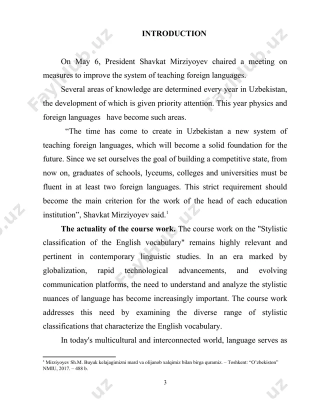 contexts and genres. through comprehensive analysis and interpretation, learners gain insights into the dynamic interplay between linguistic form and function, enhancing their appreciation and mastery of the stylistic dimensions of english vocabulary. the object of the course work on the "stylistic classification of the english vocabulary" is to investigate and categorize the diverse range of stylistic features and linguistic patterns found within the english language. by identifying and analyzing various stylistic classifications, the course work aims to elucidate the stylistic nuances and conventions that shape english vocabulary usage across different genres, registers, and socio-cultural contexts. the practical value of the course work on the "stylistic classification of the english vocabulary" is manifold and extends to various domains of language use and communication. firstly, it equips learners with a deeper understanding of the stylistic nuances present in the english language, enabling them to communicate more effectively and persuasively in both written …