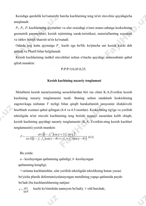 qilish imkoniyatini beradi va tajribada kesish kuchlarini miqdoriy ifodalash uchun noqulaydir. amaliyotda kuchlarni baholash kuchning tashkil etuvchilari px, py va p1 ni o'lchash yoki empirik formu-lalar bo'yicha hisoblash orqali olib boriladi. kuchlarni o'lchash maqsa- dida qo'llaniladigan dinamometrlar turhcha tuzihshga ega bo'lib, ularning quyidagi turlari mavjud: -mexanik dinamometrlar (richagli va prujinali); -elektrik dinamometrlar (sig'imli, induksion, pyozokvarsli, simli qarshilik datchiklaridan tuzilgan tenzometrik); -gidravlik (membranali va porshenli). shuningdek dinamometrlarning bir (p, ni o'lchash uchun), ikki va uch (px, py, pni o'lchash uchun) komponentli turlari bo'ladi. o'tkazilgan tekshirishlar asosida turli omillarning kesish kuchlariga ta'siri o'rganilib, yo'nish usuli uchun quyidagi ko'rinishdagi hisob-iash formulalari taklif etilgan: bu yerda:iar tajriba koeffitsiyentlari bo'lib, ishlov berish sharoiti va materiallarning xos-salarini hisobga oladi; kpz- tajribadan farqli sharoitni hisobga oluvchi to'g'rilovchi koef-fitsiyent; t - kesish chuqurligi; s - surish qiymati; hb - ishlov o'tayotgan zagotovka materialining brinnel bo'yicha qattiqligi. barcha keltirilgan koeffitsiyentlar aniq mos tajriba natijalaridan yoki kesish rejimi bo'yicha ma'lumotnomalardan …
