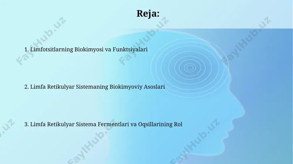 lipidlarni metabolizm qiladi va bu jarayonlar yallig'lanish reaksiyalarini tartibga solishda muhim rol o'ynaydi, masalan, ateroma hosil bo'lishida. limfa tugunlarida 10-20% gacha bo'lgan limfotsitlarning o'sish va farqlanishi uchun energiya ta'minotida glikoliz asosiy rol o'ynaydi, bu esa hujayra ichidagi atp darajasini saqlashga yordam beradi va hujayra signalizatsiyasi jarayonlarini qo'llab-quvvatlaydi. limfa retikulyar sistemasining umumiy biokimyoviy xususiyatlari limfa suyuqligidagi lipidlar va oqsillar tarkibi, masalan, 2-5 mg/dl xolesterin va 60-80 g/l albumin, individual farqlarga ega va yurak-qon tomir kasalliklari xavfi bilan bog'liq bo'lishi mumkin. limfa retikulyar sistemasining asosiy hujayralari, masalan, limfotsitlar (t va b hujayralari), 10¹² dan ortiq miqdorda bo'lib, immunitet javoblarida muhim rol o'ynaydi va buyraklar va jigar kabi organlar bilan o'zaro ta'sirlashadi. limfa tugunlarining biokimyoviy jarayonlari limfa tugunlarida 20 dan ortiq turdagi sitokinlar, jumladan, tnf-α, il-1β va ifn-γ kabi yallig'lanishga qarshi sitokinlar ishlab chiqariladi va bu jarayonlar immunitet javobining shakllanishiga ta'sir qiladi, masalan, toshkentdagi tadqiqotlarda aniqlangan. limfa tugunlarida lipidlar almashinuvi jarayonlari sodir bo'ladi, …