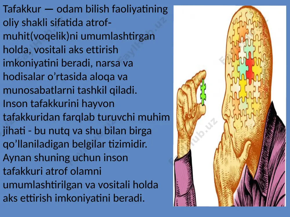 sodda elementar “stimul-reaktsiya” tipidagi fiziologik mexanizm ham, nutq faoliyatining yuksak formalari uchun nutq vositasi bilan fikr bayon qilishning ishchan programmalashtirish mexanizmlari uchun xarakterli va ierarxik tuzilishga ega bo’lgan maxsus mexanizmlar ham qatnashadilar. biron fikrni nutq yordami bilan bayon qilishdan oldin, maxsus kod orqali bu fikrning asosini tuzamiz. u programmalashtirish mexanizmidir. undan keyin gapning grammatik tuzilishiga o’tish bilan bir guruh mexanizmlar vujudga keladi. esda olib qolish — so’zlarning grammatik xususiyatlarini amalda qo’llanilishini ta’minlovchi mexanizm, programma elementlarini grammatik tuzilishga yoyish mexanizmi. tadqiqodchi a.r.luriya nutqning afaziyasini tekshirib, ular quyidagi turlardan iborat ekanligini bayon qiladi: dinamik afaziya – gaplar yordami bilan so’zlash qobiliyatining buzilishi; efferent motor afaziyasi – gapning grammatik tuzilishi, buzilishi; afferent motor afaziyasi – nutq artikulyatsiyasining buzilishi; semantik afaziya – gaplar o’rtasidagi bog’liqlikning buzilishi; sesor afaziya – so’zlarni idrok qilishning buzilishi. nutq rivojlanishi davrlari: 1-davr: 2 oydan 11 oygacha. 2-davr: 11 oydan 19 oygacha. 3-davr: 19 oydan 3 yoshgacha. nutq rivojlanishi quyidagi …