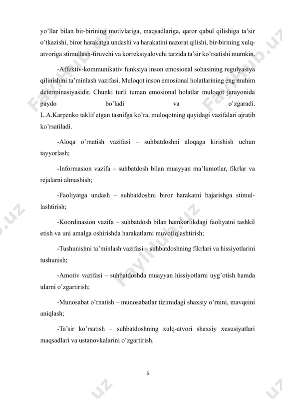 jarayonida axborot almasha turib kishilar belgilar orqali bir-biriga ta’sir etishi mumkin (insonlararo axborot almashinuvida, albatta suhbatdosh xulq-atvoriga muayyan ta’sir o’tkaziladi); uchinchidan muloqot jarayonida kommunikator (axborot yuboryotgan odam) va resipient (axborotni qabul qilayotgan odam) bir xil kodlashtirish tizimiga ega bo’lishi kerak, to’rtinchidan muloqot jarayonida faqat insonlararo kommunikasiyaga xos to’siqlar vujudga kelishi mumkin. kommunikativ jarayonda qo’llaniladigan bir necha belgilar tizimi mavjud. ular verbal kommunikasiya (nutq orqali) va noverbal (nutq bilan bog’liq bo’lmaydigan belgilar orqali) kommunikasiyadir. verbal kommunikasiya. inson nutqi belgilar tizimi sifatida qo’llaniladi. nutq – inson tomonidan qo’llaniladigan tovush signallari yoki yozma belgilardan iborat bo’lib, ular orqali muloqotdan olingan ma’lumot qayta ishlanadi, saqlanadi va uzatiladi. u jarayon til orqali amalga oshiriladi. til so’z belgilari tizimi bo’lib, u muloqot jarayonida psixik faoliyat mahsuli bo’lib yuzaga keladi. til muomala vositasidir. til muomalaga kirishuvchilar o’rtasidagi kommunikasiyani ta’minlaydi, chunki uni axborot beruvchi ham, uni qabul qiluvchi ham birday tushunadi. boshqa kishiga axborot beruvchi (kommunikator) va uni …
