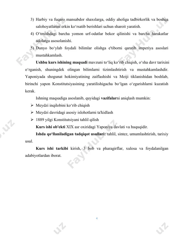 idan biri bo‘lib qolgandi. 1865-yilda angliya va keyin aqsh “yaponiyani ochishga” va uni o‘zlarining uzoq sharqdagi mustamlakachilik siyosatlarida oldingi punktga aylantirishga intilib, “kanonerka3 siyosati” yordamida syogunni tengsizlik shartlaridagi savdo shartnomalarini ratifikatsiya qildirishga erishganlar. bu shartnomalarga binoan “quyosh botuvchi mamlakat” savdo munosabatlarida yarim mustamlaka xitoyga tenglashtirilgan edi.[footnoteref:1] [1: eidus x. t." yaponiyaning qadimgi davrlardan to hozirgi kungacha bo'lgan tarixi" 2015.-b.134] yaponiyaning o‘z mustaqilligini yo‘qotish havfi milliy harakatni tezlashtiruvchi turtki bo‘ldi. bu harakat hukmron doiralar, samuraylar – “dvoryan inqilobchilar” ning “mamlakatni tiklash va birlashtirish”, uni mustaqil va erkin yashashini ta’minlay oladigan kuchli markazlashgan davlat tashkil qilish zarurligini tushunib yetishi darajasiga qarab rivojlanib bordi. mamlakat birligiga va kuchli markazlashgan davlat barpo qilishga erishishning yagona yo‘li – burjua xarakteridagi islohotlar o‘tkazish edi. yaponiyada xix asrning 60-yillari oxirida syogun va imperator tarafdorlari o‘rtasida boshlangan kurash islohotlar o‘tkazish kerakmi yoki yo‘qmi degan masala bilan emas, bu islohotlarni kim o‘tkazadi, degan masala bilan bog‘liq edi. syogun hokimiyatini …
