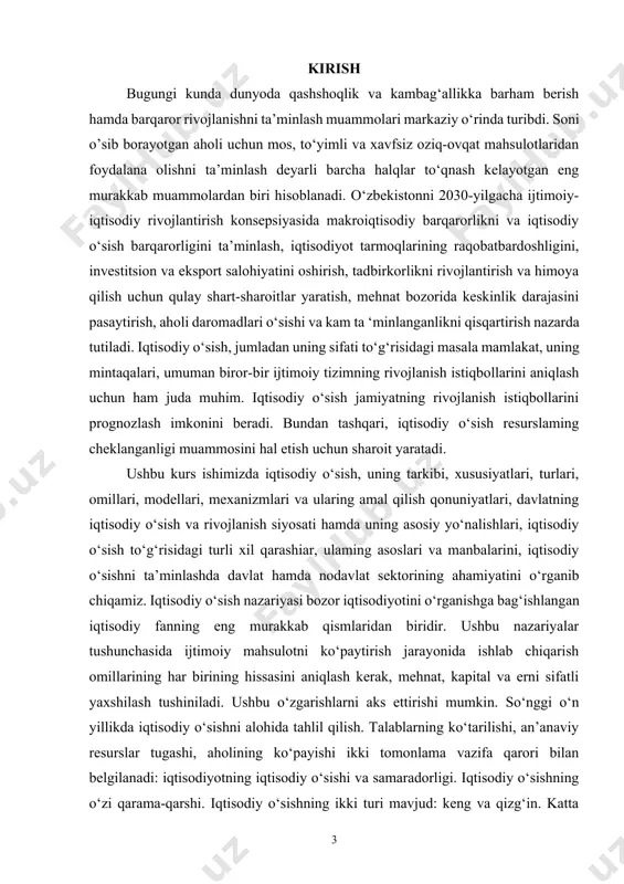 ng asoslari va manbalarini, iqtisodiy o‘sishni ta’minlashda davlat hamda nodavlat sektorining ahamiyatini o‘rganib chiqamiz. iqtisodiy o‘sish nazariyasi bozor iqtisodiyotini o‘rganishga bag‘ishlangan iqtisodiy fanning eng murakkab qismlaridan biridir. ushbu nazariyalar tushunchasida ijtimoiy mahsulotni ko‘paytirish jarayonida ishlab chiqarish omillarining har birining hissasini aniqlash kerak, mehnat, kapital va erni sifatli yaxshilash tushiniladi. ushbu o‘zgarishlarni aks ettirishi mumkin. so‘nggi o‘n yillikda iqtisodiy o‘sishni alohida tahlil qilish. talablarning ko‘tarilishi, an’anaviy resurslar tugashi, aholining ko‘payishi ikki tomonlama vazifa qarori bilan belgilanadi: iqtisodiyotning iqtisodiy o‘sishi va samaradorligi. iqtisodiy o‘sishning o‘zi qarama-qarshi. iqtisodiy o‘sishning ikki turi mavjud: keng va qizg‘in. katta turdagi ishlab chiqarish omillaridan foydalanish orqali keng miqyosli o‘sish bilan ta’minlanadi: ishchi, kapital va er o‘zining avvalgi texnik bazasini yuritishda. shu bilan birga, ishchilarning sonining sonini va malaka tarkibining miqdoriy o‘sishi va korxona sig‘imini ko‘paytirish hisobiga ishlab chiqarishni oshiradi. o‘rnatilgan uskunani ko‘paytiring. natijada har bir xodim uchun mahsulot ishlab chiqarish bir xil bo‘lib qolmoqda. iqtisodiy o‘sishning intensiv …