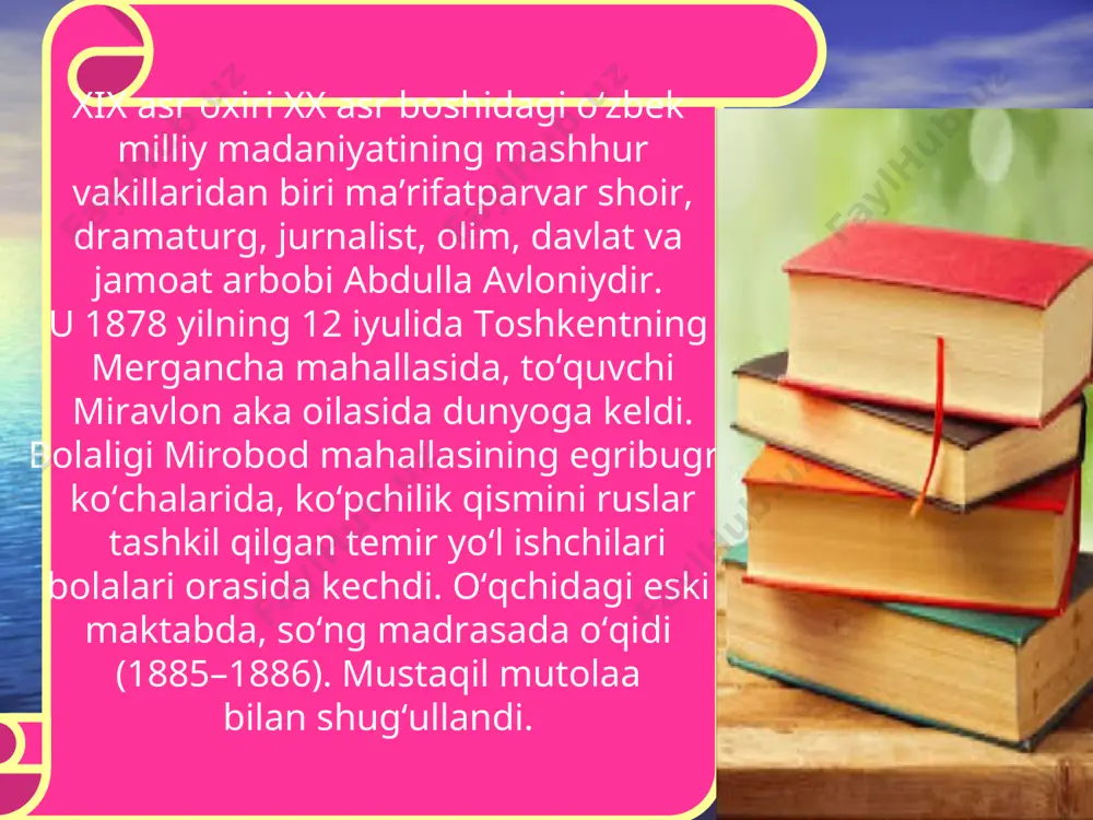ancha murakkab hayot va ijod yo‘lini bosib o‘tdi. u adabiyotga g‘oyaviy kurashla g‘oyat keskinlashgan bir davrda kirib keldi. hech ikkilanmasdan ma’rifat va taraqqiyot uchun kurashishini maslak etib qabul qildi. shoir she’riyati bilan tanishar ekansiz, qiziq bir holga duch kelasiz. unda birorta ishqiy she’r yo‘q. ularda ilm-ma’rifat targ‘ib qilingan, jaholat va nodonlik, eski tuzumning ijtimoiy-axloqiy asoslari qoralangan, ozod va baxtiyor zamon haqida fikr yuritilgan. shu jihatdan avloniyning bu davrdagi she’rlari hamza, anbar otin poeziyasiga ohangdoshdir. avloniy barmoq vaznini adabiyotda keng qo‘llagan. milliy kuylarga moslab she’rlar yozgan va poeziyaning imkoniyatlarini boyitgan. dastlabki poetik asarlari “adabiyot yoxud milliy she’rlar” (i, ii, iii, gujuzlar), “maktab gulistoni” (1916), “mardikorlar ashulasi” (1917) kitoblarida va “sabzavor” tazkirasi (1914) hamda vaqtli matbuot sahifalarida chop etilgan asarlaridir. avloniyning adabiyot oldidagi muhim xizmatlaridan biri shu bo‘ldiki, u mardikorlik she’riyati deb atalgan yangi adabiy hodisaning yaratuvchilaridan bo‘ldi. 1916 yilgi mardikorlik voqealarini ifodalovchi “bir mardikorning otasi o‘g‘liga aytgan so‘zlari”, “onasining o‘g‘liga aytgan …