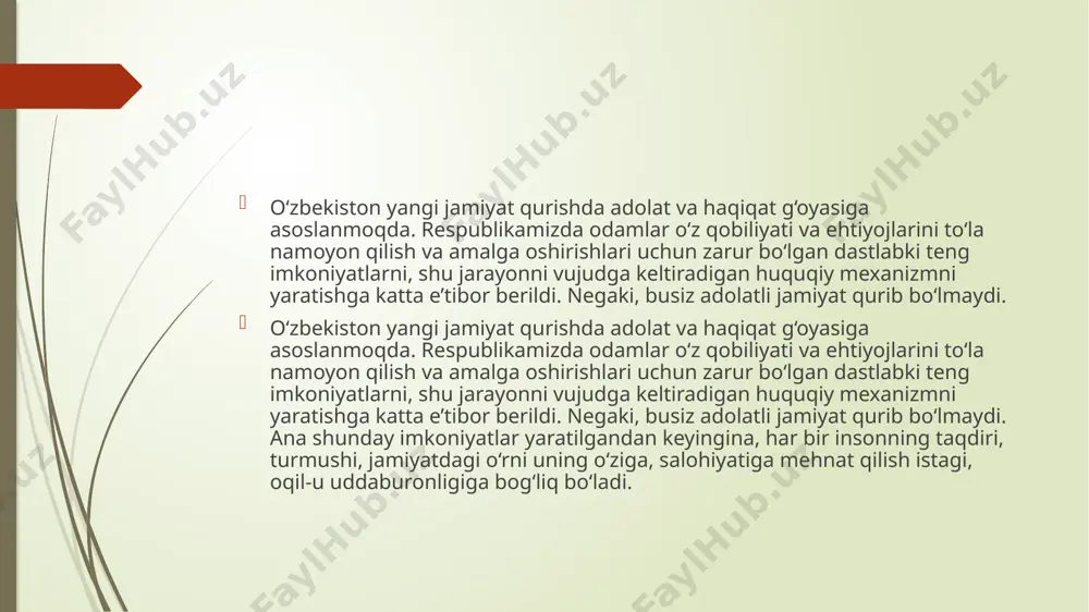 lag‘a bo‘lmaydi. shuningdek, 2000 yilda yangi tahrirdagi “sudlar to‘g‘risida”gi o‘zbekiston respublikasi qonunining qabul qilinishi sud tizimini isloh qilishda muhim bosqich bo‘ldi. sud ishlarini apellyatsiya, kassatsiya va nazorat tartibida ko‘rib chiqish institutlari joriy etildi, tergov-surishtiruv va kishilarni hibsda saqlash muddatlari sezilarli darajada qisqartirildi hamda ishlarni sudlarda ko‘rib chiqishning qat’iy muddatlari belgilandi. 2016 yil 21 oktabrda qabul qilingan o‘zbekiston respublikasi prezidentining “sud-huquq tizimini yanada isloh qilish, fuqarolar huquqlari va erkinliklarini ishonchli himoyalash kafolatlarini kuchaytirish bo’yicha chora-tadbirlar to’g’risida”gi pf-4850-sonli farmoni bilan sud-huquq sohasidagi davlat siyosatining sifat jihatdan yangi darajaga ko‘tarildi. ushbu farmonda uchta asosiy ustuvorlik ajratib ko’rsatiladi: sud hokimiyatining haqiqiy mustaqilligi; fuqarolar huquqlari va erkinliklarini ishonchli himoyalash kafolatlarini kuchaytirish; va odil sudlovni amalga oshirish darajasini kuchaytirish. sud hokimiyatining haqiqiy mustaqilligini ta’minlash, kasb obro’-e’tiborini oshirish, yuqori malakali va samarali faoliyat yuritadigan sud korpusini tashkil qilish maqsadida birinchi marta sudyalarning vakolat muddatlari qayta ko’rib chiqildi. xususan, sudyalarni dastlabki besh yillik va navbatdagi o’n yillik muddatlarga …