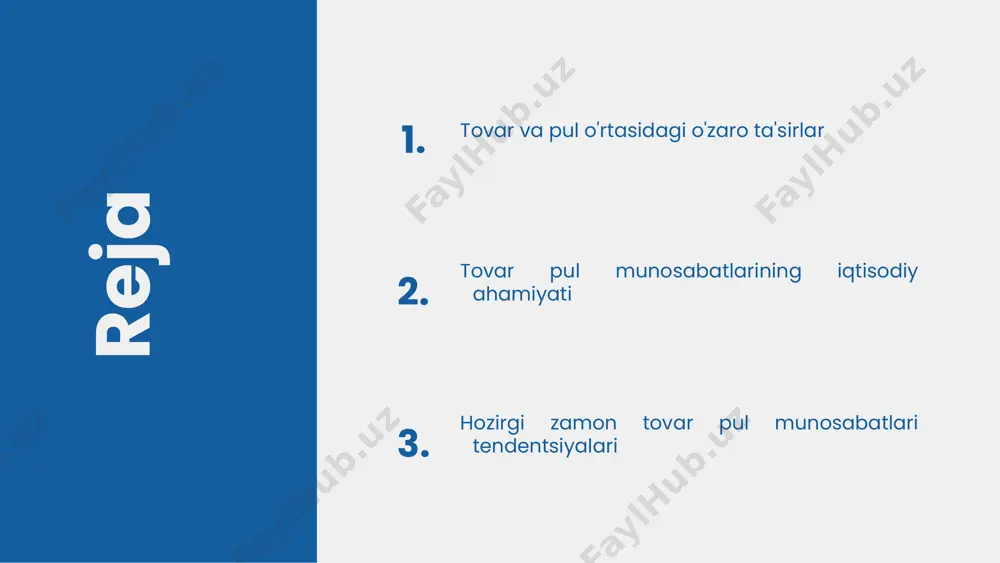 tovarlar va xizmatlar qiymatini belgilaydi. ushbu munosabatlar iqtisodiy jarayonlarning samaradorligini belgilaydi va bozorning barqarorligini ta'minlaydi. tovar va pul o'rtasidagi o'zaro ta'sirlar iqtisodiy aktivlar almashinuvi va qiymatning shakllanishiga yordam beradi. muammolar: inflatsiya, iqtisodiy o'sishning sekinlashuvi. yechimlar: iqtisodiy siyosatni optimallashtirish, nazorat tizimlarini kuchaytirish. 1 2 3 4 iqtisodiy o'sishga ta'siri tovar pul munosabatlari iqtisodiy o'sishga bevosita ta'sir ko'rsatadi. ular bozor iqtisodida raqobatni oshirib, innovatsiyalar va samaradorlikni oshirishga yordam beradi. tovarlar va pul o'rtasidagi muvozanat iqtisodiy barqarorlikni ta'minlaydi, iste'molchilar talabini qondirishda muhim rol o'ynaydi. shuningdek, tovar pul munosabatlari bozor strukturasini va narxlarni tartibga solishda ahamiyatli hisoblanadi. iqtisodiy o'sish uchun zarur shartlardan biri samarali tovar va pul muvozanatidir. raqobat va bozor iqtisodi kontekstida, tovar pul munosabatlari iqtisodiy faoliyatni rag'batlantiradi. davlat siyosati, investitsiyalar va bozor mexanizmlari iqtisodiy o'sishni tezlashtirishda muhim ahamiyatga ega. tovar pul munosabatlarining yaxshilanishi yangi ish o'rinlarini yaratishga, ishlab chiqarishni kengaytirishga va iqtisodiy o'sishni oshirishga yordam beradi. tovar pul munosabatlarining swot tahlili kuchli …