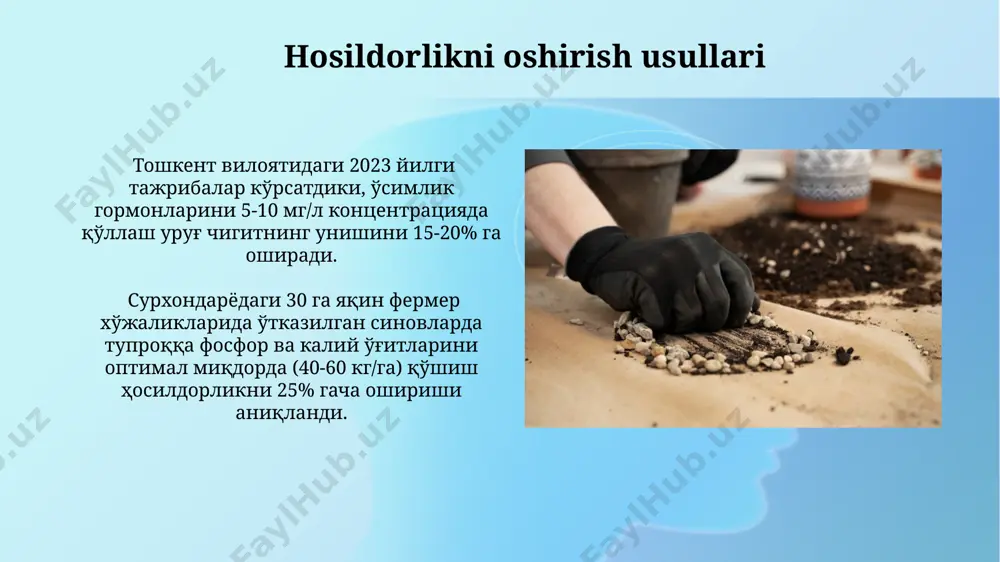 d viloyati kabi hududlarda kuzatiladi. duragay urug'ining rivojlanish davri, naviga qarab, 70 dan 120 kungacha davom etadi va bu davr mobaynida o'simlik 30-40 sm balandlikka yetadi. bu o'sish sur'ati tuproqning unumdorligi va sug'orish rejimiga bog'liq. duragay urug'ining sifatini baholash andijon viloyatidagi dehqonlarning kuzatuvlariga koʻra, 5% dan kam miqdordagi shikastlangan urugʻlarga ega boʻlgan partiyalar yuqori hosil beradi. duragay urugʻining unib chiqish darajasini baholashda 100 ta urugʻ namunasi 20-25°s haroratda samarqand viloyatida oʻtkazilgan tajribalarda 85% dan yuqori natija koʻrsatdi. in vitro urug'lantirish usullari in vitro urug'lantirishda 20-30% gacha embrioni rivojlanishini ta'minlaydigan optimallashtirilgan muhit tarkibi, xususan, toshkent shahridagi laboratoriyalarda sinovdan o'tkazildi. in vitro urug'lantirish jarayonida turli xil fitogormonlarning (masalan, auxinlar va sitokininlarning) konsentratsiyasi 10-20 mg/l oralig'ida o'zgarishi embriogenezni sezilarli darajada oshiradi. e'tiboringiz uchun rahmat @taqdimot_robot image2.jpg image3.jpg image4.jpg image5.jpg image6.jpg image7.jpg image8.jpg image9.jpg image10.jpg image11.jpg image12.jpg image13.jpg image14.jpg image15.jpg image16.jpg image17.jpg image18.jpg image1.png