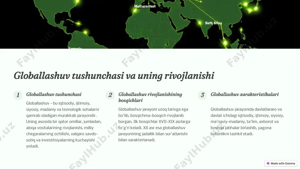 qalashuv jarayonlarini amalga oshirish bo'yicha bir qator institutsional islohotlar amalga oshirilmoqda. iqtisodiy integratsiya mamlakat tashqi savdo, investitsiyalar, moliya sohasidagi islohotlar orqali globallashuv va mintaqaviy integratsiya jarayonlarini rivojlantirmoqda. madaniy muloqot o'zbekiston qator xalqaro madaniy tashkilotlarga a'zo bo'lgan holda global madaniy almashinuvni rivojlantirmoqda. 11 xulosa va tavsiyalar globallashuv va mintaqalashuv jarayonlari o'zaro bog'liq bo'lib, ular iqtisodiy, ijtimoiy, siyosiy va madaniy rivojlanishga katta ta'sir ko'rsatadi. bu jarayonlarni samarali boshqarish va muvozanatlash hamda ularga moslashish uchun davlatlar davom etib kelayotgan islohotlarni yanada kuchaytirishi lozim. shu bilan birga, milliy xususiyatlar va manfaatlarni saqlab qolish ham muhim ahamiyat kasb etadi. 12 image1.png image2.png image3.png image4.png image5.png image6.png image7.png image8.png image9.png image10.png image11.png image12.png image13.png image14.png image15.png image16.png image17.png