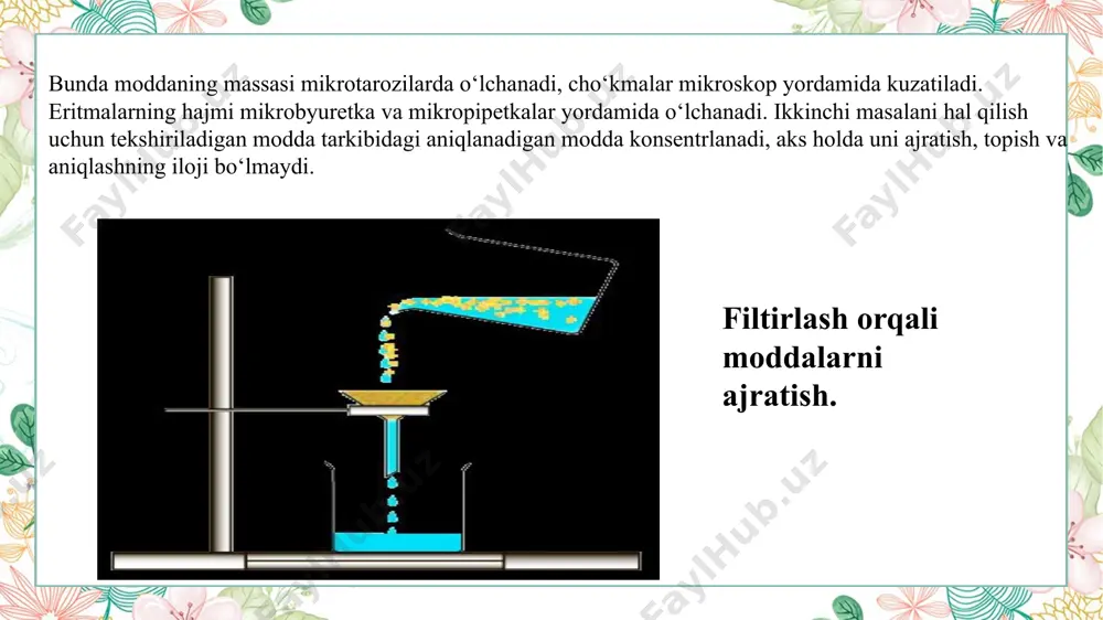 qismidagi bug‘ning tarkibi ajratish samarasini belgilaydi. pektifikatsion kolonnada maxsus to‘siqlar bo‘ladi. bu to‘siqlar bug‘ning kolonnaning o‘zida kondensatlanishini ta’minlaydi. natijada kondensat distillyatorga qaytib tushib, yuqoriroq haroratda bug‘lanadigan suyuqlik sovutgichga o‘tib ketmaydi. ko‘pchilik suyuqliklarning aralashmalarini toza holda ajratish ancha qiyin, chunki ular azeotrop aralashmalar hosil qiladi. bir xil tarkibli gaz fazasi bilan muvozanatdagi suyuqliklar aralashmasiga azeotrop aralashma deyiladi. masalan, tarkibida 50 % (mol) suv bo‘lgan etanolni ajratish talab etilsa, 95 % (massa bo‘yicha) etanol haydab ajratilishi mumkin. 100 % li etanolni haydab ajratib bo‘lmaydi, buning uchun dunyodagi barcha nazariyalar ham yetishmaydi. odatda, azeotrop aralashma toza moddalardan pastroq haroratda qaynaydi. toza etil spirt 78,39 °c da, uning azeotropi esa 78,17°c da qaynaydi. bu haroratlar farqi toza spirt olish uchun yetarli emas. agar shu aralashmaga benzol qo‘shilsa, 65 °c da tarkibida massa bo‘yicha 74 % benzol, 18,5 % etanol va 7,5 % suv bo‘lgan azeotrop haydaladi. shundan so‘ng 68,3 °c da tarkibida 67,6 % …