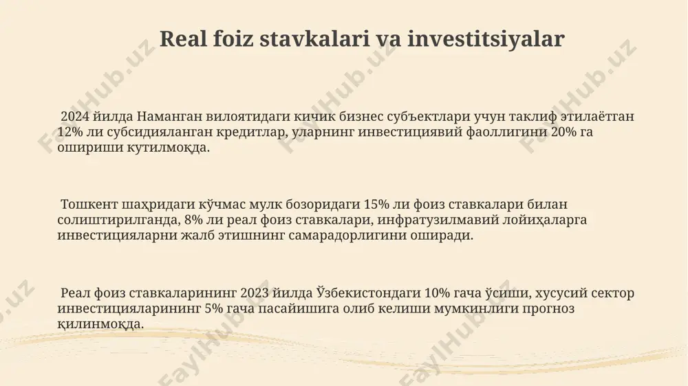 jalb qilishda muhim rol o'ynaydi va investorlarga xilma-xil investitsiya imkoniyatlarini taqdim etadi. 2022-yilda o'zbekistonning moliyaviy bozorlarida to'g'ridan-to'g'ri xorijiy investitsiyalar hajmi 2 milliard aqsh dollaridan oshdi, bu mamlakat iqtisodiyotining diversifikatsiyalashuviga ijobiy ta'sir ko'rsatdi. jahon bankining ma'lumotlariga ko'ra, o'zbekistonning investitsiya salohiyati yuqori baholanmoqda va 2025-yilgacha yevropa ittifoqi mamlakatlaridan 5 milliard evrodan ortiq investitsiya jalb qilinishi kutilmoqda. investitsiyalar bozorining kelajagi 2025 йилга бориб, марказий осиёдаги инвестициялар ҳажми 50% га ўсиши ва 100 миллиард ақш долларидан ошиши кутилмоқда, бу технология ва яшил энергия соҳаларига йўналтирилган инвестициялар ҳисобига амалга ошиши мумкин. европа иттифоқининг 2030 йилгача бўлган стратегик режасига кўра, марказий осиё мамлакатларига йўналтириладиган инновацион технологияларга инвестициялар ҳажми йилига 15% га ошади, бу 2030 йилга келиб 5 миллиард евродан ошади. жанубий корея компаниялари томонидан ўзбекистоннинг автомобиль саноатига 2024 йилда 3 миллиард ақш долларидан ортиқ инвестиция киритиши режалаштирилмоқда, бу ердаги ишлаб чиқариш қувватларини кенгайтиришга ва янги иш ўринларини яратишга йўналтирилади. inflyatsiya va investitsiyalar 2022 йилдаги жаҳондаги юқори …