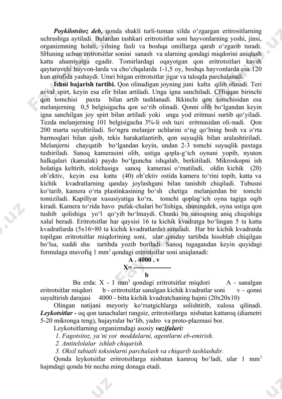 5 cho‘chqa - 6,5 o‘rdak - 3,8 ot - 7,0 it - 6,5 qonda eritrotsitlarning ko‘payib ketishiga eritrotsitoz, kamayib ketishiga esa eritropeniya deyiladi. eritrotsitoz jismoniy ish paytida, qon quyulib kolganida, ko‘p suv yo‘qotilganida (ich ketish, hadeb qusaverish), ichak tiqilib qolganida va boshqa hollarda kuzatiladi. eritropeniya bo‘g‘ozlik davrida hayvon ozib-to‘zib ketganida, kam qon bo‘lib qolganida, eritrotsitlarning emirilishi bilan birga davom etadigan kasalliklarda (piroplazmoz, nuttalioz, infeksion anemiya) va boshqalarda kuzatiladi. ayrim hollarda, turli kasalliklar paytida qonda hajmi, kattaligi va shakli o‘zgargan eritrotsitlar uchrashi mumkin. anizotsitoz deb, qonda odatdagi eritrotsitlardan katta yoki kichik hajmdagi eritrotsitlarning uchrashiga aytiladi. poykilotsitoz deb, qonda shakli turli-tuman xilda o‘zgargan eritrositlarning uchrashiga aytiladi. bulardan tashkari eritrotsitlar soni hayvonlarning yoshi, jinsi, organizmning holati, yilning fasli va boshqa omillarga qarab o‘zgarib turadi. shuning uchun eritrotsitlar sonini sanash va ularning qondagi miqdorini aniqlash katta ahamiyatga egadir. tomirlardagi oqayotgan qon eritrotsitlari kavsh qaytaruvchi hayvon-larda va cho‘chqalarda 1-1,5 oy, boshqa hayvonlarda esa 120 kun …