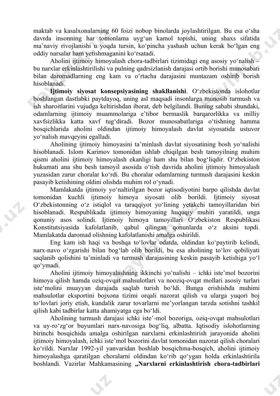 minlanishi salkam 50 foizni, tabiiy gaz bilan ta’minlanishi 17 foizni tashkil etar edi. aholini uy-joy, sog‘liqni saqlash, madaniyat, maishiy xizmat ob’yektlari, maktablar, bolalar bog‘chalari va hokazolar bilan ta’minlash ishlarida siljishlar sezilmadi. vaholanki, aholining ko‘pchilik qismi qishloq joylarida istiqomat qilar edi. 2018-yil 1-yanvar holatiga ko‘ra o‘zbekiston aholisi 32,65 million kishini tashkil qiladi. bu 2017-yilga nisbatan 1,7 % ga o‘sgan. jumladan, shahar aholisi soni jami aholining 50,6 % ni, qishloq aholisi 49,4 % ni tashkil qiladi. aholisi soni 3 million kishidan oshgan hududlar soni 4 ta bo‘lib, ular samarqand, farg‘ona, qashqadaryo va andijon viloyatlari hisoblanadi. o’zbekistonda o’rta osiyodagi jami aholining 1/3 qismidan ko’prog’i yashaydi. yuqorida qayd etilgan holatlar o‘zbekiston aholisi daromadlari va turmush darajasining keskin pasayishiga olib keldi. ijtimoiy infratuzilma tarmoqlari: sog‘liqni saqlash, xalq ta’limi, maktabgacha bolalar muassasalari juda og‘ir ahvolda bo‘lib, maktab va kasalxonalarning 60 foizi nobop binolarda joylashtirilgan. bu esa o‘sha davrda insonning har tomonlama uyg‘un kamol topishi, uning shaxs …
