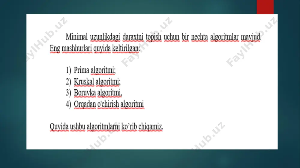 7-ma’ruza: graflarda eng kichik uzunlikdagi daraxtlarni qurish algoritmlari - Page 4