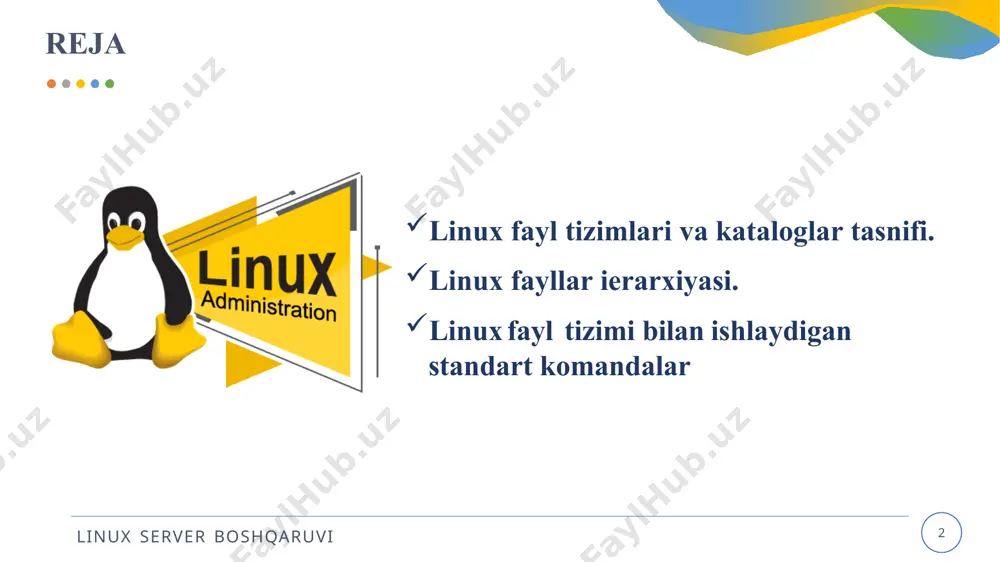 nts yo'li /home katalogidan boshlanib user katalogi orqali documents katalogiga olib boradi. kataloglar tashqi foydalanuvchilar uchun ma'lumotlarni tashkil etishga imkon beradi. foydalanuvchilar o'z shaxsiy kataloglarida fayllarni saqlashi, tahrirlashi va o'qishi mumkin. tizim administratorlari esa tizimning asosiy kataloglarida tizim konfiguratsiyalari, dasturlar va boshqa ma'lumotlarni saqlayadi. kataloglar tashqi foydalanuvchilar uchun ma'lumotlarni tashkil etish va tizimning tuzilishi uchun muhimdir. kataloglar, fayllar va boshqa kataloglar orqali tizim ierarxiyasini shakllantiradi va foydalanuvchilarga ma'lumotlarga murojaat qilish imkonini beradi. linux fayl strukturasi linux server boshqaruvi /bin/ linux server boshqaruvi bin -/bin katalogi, linux tizimida muhim bir direktoriya hisoblanadi. bu direktoriya, foydalanuvchilar va tizim jarayonlari tomonidan ishga tushiriladigan fayllarni o'z ichiga oladi. /bin katalogida joylashgan fayllar, asosiy tizim buyruqlarini va vositalarini o'z ichiga oladi. bu katalogda joylashgan ba'zi umumiy fayllar quyidagilardir: bash: bourne again shell (bash) qobiq dasturi. bu fayllar, linux tizimining asosiy funksiyalarini bajarishda muhim ahamiyatga ega. /bin/ linux server boshqaruvi ls: fayl va kataloglarni ro'yxatga olish …