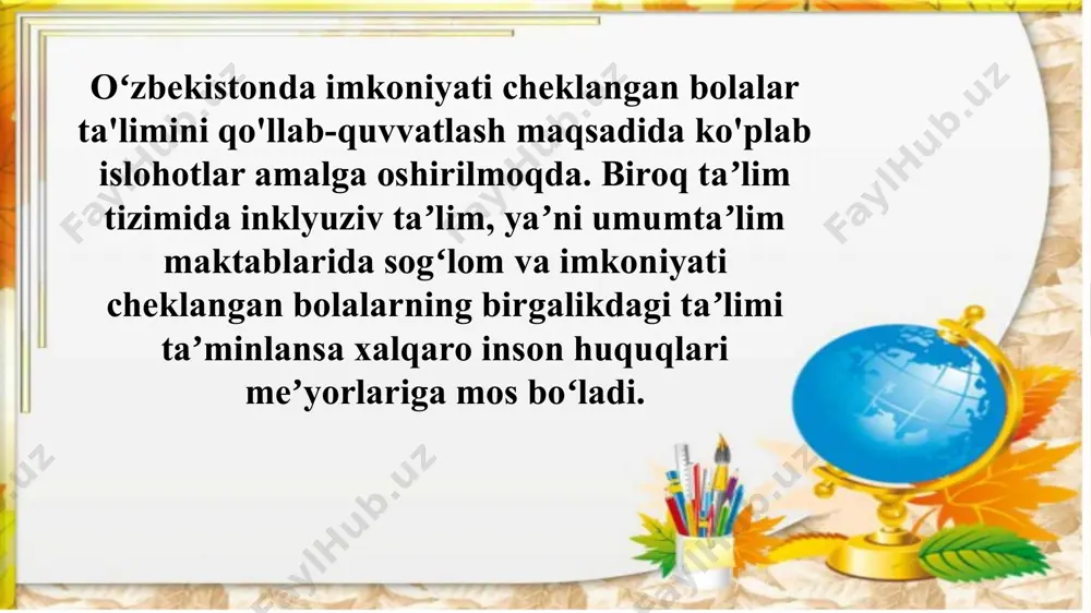 odik jihatdan ta’minlashni o‘z ichiga oladi. hozirgi kunda turli xil maxsus ta’lim muassasalari mavjud. bolalar puxta saralash natijasida qabul qilinishi mo‘ljalangan va o‘zbekiston respublikasi xalq ta’lim vazirligi tomonidan tasdiqlangan maxsus ta’lim dasturlarini amalga oshiradigan maxsus ta’lim muassasalar bilan bir qatorda turli reabilitatsiya markazlari, rivojlantirish markazlari, aralash guruhlar va h.q.lar ochilgan. shuningdek, umuta’lim maktabgacha ta’lim muassasalarida, umumta’lim maktablarda psixik va jismoniy rivojlanishida nuqsoni bo‘lgan bolalarni uchratish mumkin. ushbu nuqsonlarning ko‘rinishi turlicha bo‘lishi mumkin. son jihatdan yirik bo‘lgan guruhni harakatlanish, sensor yoki intellektual sohalarda nuqsonlari aniq ifodalanmagan: eshitishda ko‘rishida, fazoviy-idroq tassavurlarida, harakat-tayanch apparatida, fonematik idrokida nuqsoni bo‘lgan, hissiy-irodaviy buzilishli, nutqiy rivojlanishida kamchiliklarga ega, xulq buzilishlariga ega, psixik rivojlanishi orqada qolgan, somatik sust bolalar tashkil etadi. yaqqol ifodalangan psixik yoki jismoniy rivojlanishdagi nuqsonlar maktabgacha yoshda aniqlansa, yengil nuqsonlar uzoq vaqt mobaynida e’tiborsiz qoladi. rivojlanishdagi nuqsonlarni tashxis qilish uch bosqichni o‘z ichiga oladi. birinchi bosqich - skrining nomini olgan. ushbu bosqichda bola rivojlanishidagi orqada …