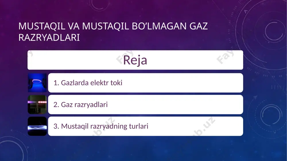 to`xtatilsa, ionlarni vujudga keltiruvchi boshqa manba bo`lmaganligi uchun razryad ham to`xtaydi. shuning uchun ham bunday razryadga nomustaqil razryad deyiladi. mustaqil razryad kuchlanishning yanada oshirilishida tok kuchi keskin ortadi. tashqi ionizator olinganida ham razryad davom etadi. demak endi, gazning elektr o`tkazuvchanligini ta’minlash uchun zarur bo`lgan ionlarni razryadning o`zi vujudga keltiradi. tashqi ionizatorning ta’siri tugagandan keyin ham davom etadigan razryadga mustaqil gaz razryadi deyiladi. mustaqil gaz razryadi vujudga keladigan kuchlanishga gaz razryadini yokish kuchlanishi yoki teshish kuchlanishi deyiladi. mustaqil gaz razryadi, elektr maydoni tomonidan tezlashtirilgan elektronlarning urilish ionlashtirishi natijasida vujudga keladi. elektronlar maydon ta’sirida tezlanuvchan harakat qiladi va elektr maydoni kuchlarining ishi hisobiga kinetik energiyasi ortadi. elektronning to’qnashish oldidagi kinetic energiyasi maydon kuchlanganligiga va elektronning erkin uchish yo’lining uzunligiga to’g’ri proporsianal : gazlarning volt-ampermetr xarakteristikasi( gazlarda tok kuchining kuchlanishga bog’liqligi mustaqil razryadning turlari miltillama razryad gazda past bosimlarda kuzatiladi. bunda elektrodlar orasidagi masofa 30-50 santimetr, elektrodlardagi kuchlanish o’zgarmas va bir necha yuz …