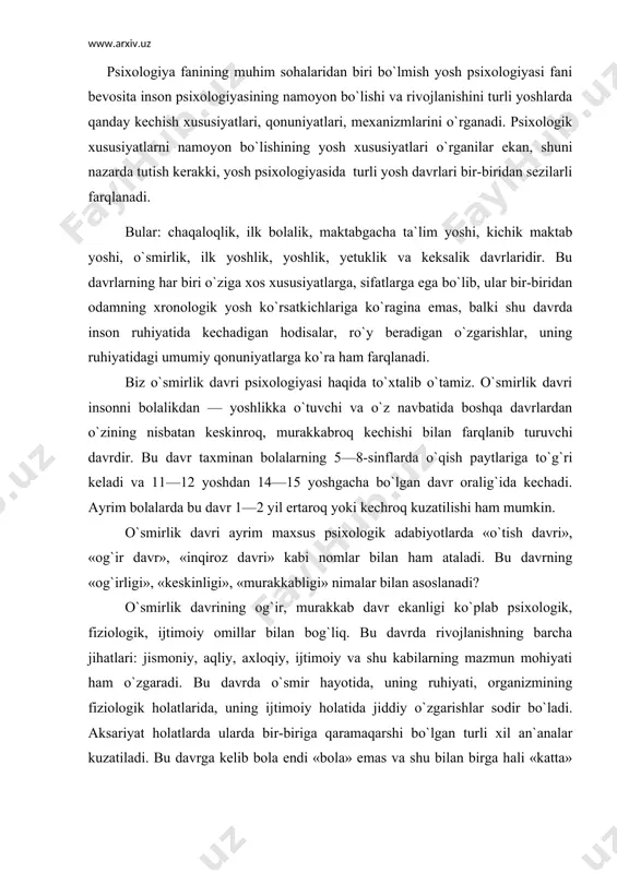 ologik, ijtimoiy omillar bilan bog`liq. bu davrda rivojlanishning barcha jihatlari: jismoniy, aqliy, axloqiy, ijtimoiy va shu kabilarning mazmun mohiyati ham o`zgaradi. bu davrda o`smir hayotida, uning ruhiyati, organizmining fiziologik holatlarida, uning ijtimoiy holatida jiddiy o`zgarishlar sodir bo`ladi. aksariyat holatlarda ularda bir-biriga qaramaqarshi bo`lgan turli xil an`analar kuzatiladi. bu davrga kelib bola endi «bola» emas va shu bilan birga hali «katta» ham emas. uning o`z-o`ziga va atrofdagilarga nisbatan bo`lgan munosabatlari butunlay boshqacha xarakter kashf etib boradi. uning qiziqishlari tizimi, ijtimoiy yo`nalganligi qaytadan shakllanadi, o`z-o`zini anglashi, baholashi, qadriyatlari o`zgaradi. uning uchun o`z «men»i va shu «men»ning ahamiyati ortadi. o`smir organizmida ro`y beradigan o`zgarishlar o`smir organizmida ro`y beradigan o`zgarishlar shundan iboratki, bola rivojlanishining ayni shu davrida biologik, fiziologik yetukligi borasida tub o`zgarishlar amalga oshadi. fiziologik rivojlanish va jinsiy balog`atga yetish jarayonining yangi bosqichi boshlanadi. organizmdagi o`zgarishlar bevosita o`smir endokrin sistemasining o`zgarishi bilan boshlanadi. bu davrda gipofiz bezining vazifalari faollashadi. uning old qismidan ajralib …