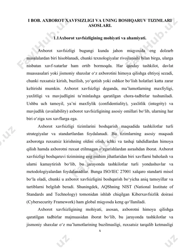 i xavflarni baholash va ularni kamaytirish bo‘lib, bu jarayonda tashkilotlar turli yondashuvlar va metodologiyalardan foydalanadilar. bunga iso/iec 27001 xalqaro standarti misol bo‘la oladi, chunki u axborot xavfsizligini boshqarish bo‘yicha aniq tamoyillar va tartiblarni belgilab beradi. shuningdek, aqshning nist (national institute of standards and technology) tomonidan ishlab chiqilgan kiberxavfsizlik doirasi (cybersecurity framework) ham global miqyosda keng qo‘llaniladi. axborot xavfsizligining mohiyati, asosan, axborotni himoya qilishga qaratilgan tadbirlar majmuasidan iborat bo‘lib, bu jarayonda tashkilotlar va jismoniy shaxslar o‘z ma’lumotlarining buzilmasligi, ruxsatsiz tarqalib ketmasligi va mavjudligini ta’minlash uchun turli chora-tadbirlarni amalga oshiradilar. axborot xavfsizligining ahamiyati kundan-kunga ortib bormoqda, chunki axborot bugungi jamiyatning eng qimmatli resurslaridan biri bo‘lib, biznes, davlat boshqaruvi va kundalik hayotning ajralmas qismiga aylangan. raqamli dunyoning rivojlanishi bilan birga, kiberxavfsizlik tahdidlari ham kuchayib bormoqda, shu sababli axborotni himoya qilish strategiyalarini ishlab chiqish va amalga oshirish zarurati ortib bormoqda. axborot xavfsizligi nafaqat kiberhujumlar, zararli dasturlar va xakerlik harakatlaridan himoyalanishni anglatadi, balki ichki xodimlarning …
