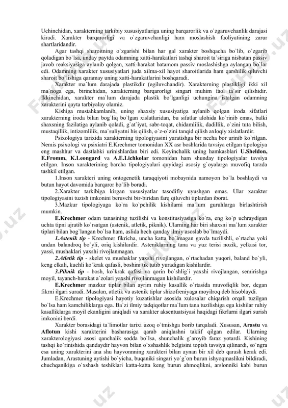 ogiya ijtimoiy fanlar qatoriga kiradi. xarakter xislatlari kelib chiqishining muhim fiziologik sharoitlaridan biri - xarakter xususiyatlarining fiziologik hamda psixologik jihatdan ifodalanishi o`rtasida o`xshashlik bo`yicha tahminiy xulosa chiqarishdir. ma`lumki, i.p.pavlov ilmiy maktabi materiallarida e`tirof etilishicha, laboratoriya sharoitida ovqatlanish orqali, shuningdek, teriga elektr toki bilan ta`sir qilish tufayli mustahkamlashda aynan bir hayvonda bir xil shartli qo`zg`ovchiga javoban ikki xil dinamik stereotipni hosil qilish mumkin. xarakter stereotiplar va so`lak ajralishidan iborat ijobiy va tormozlanish shartli reaksiyalari bilan javob qaytaradi. teriga elektr toki bilan ta`sir qilish sharoitda esa qo`zg`ovchilarning o`ziga mudofaa harakatlari stereotiplari reaksiyasi bilan javob beradi. bu hodisalar negizida yotgan fiziologik mexanizm ko`chirish mexanizmi deyiladi. ko`chirish mexanizmining mohiyati shuki, sharoitga bog`liq tarzda markaziy nerv sistemasida har xil funksional holat paydo bo`ladi, chunonchi, ovqatlanishning markazlarida kuchli qo`zg`alish yuzaga keladi va bunda ovqatlanish bilan bog`liq dominanta tug`iladi. teriga elektr toki bilan ta`sir qilishda mudofaa bilan bog`liq harakat markazlari kuchli qo`zg`alish tufayli muhofaza (mudofaa) dominantasi vujudga …