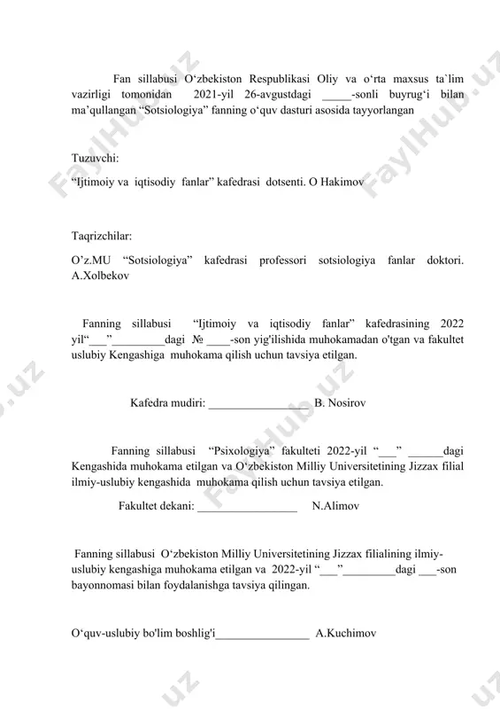 bo'lim boshlig'i________________ a.kuchimov modul/kurs sillabusi 60920100 – ijtimoiy ish (fuqarolarning o‘zini o‘zi boshqarish organlari) kurs: ijtimoiy ish kurs turi: majburiy kurs kodi: sotb104 o’quv yil: 2022-2023 semestr: 2/3 ta’lim shakli: sirtqi mashg‘ulot shakli va semestrga ajratilgan soatlar: 60/60 ma’ruza 6/4 seminar mashg’ulot 4/6 mustaqil ta’lim 50/50 kredit miqdori: 4/2 baholash shakli: sinov va imtihon kurs tili: o‘zbek kurs maqsadi (km) km1 fanni o‘qitishdan maqsad- talabalarda fan to’g’risida malumotlarga ega bo’lishi, sotsiologiya faning mazmuni mohiyati, sotsiologik tadqiqot metodlari, satsial munosabatlar sotsial strofikatsiya va sotsial mobillik, shaxs, diviand hulq atvorini oldini olishi bo’yicha nazariy va amaliy bilimlarni shakillantirishdan iborat. fanning vazifasi- nazariy bilimlar, amaliy ko’nikmalar, global darajadagi ijtimoiy xodisa va jarayonlarga uslubiy yondashuv talabalarga jamiyat taraqqiyotidagi ijtimoiy muammolarni sotsiologik nuqtai nazaridan tushunturish xamda fanning dolzarb masalalarining yechishning uslubi va uslubiyatlarini, satsiologik taxlil va tavsiyanomalar yaratishni o’rni va ahamiyatini ochib berish. kurs o‘zlashtirish uchun zarur boshlang‘ich bilimlar 1 “sotsiologiya”fanini o‘rganishda talaba fanga oid …