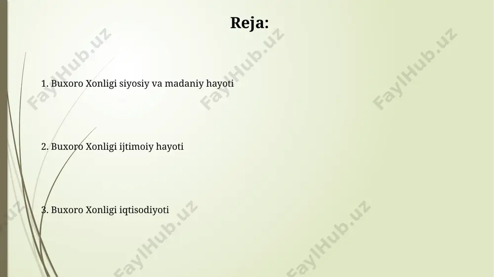 iqsa, 19-asrning ikkinchi yarmida, samarqand va buxoro viloyatlarida keng miqyosda bogʻliq edi, bu esa eksport uchun muhim daromad manbai boʻlgan. buxoro xonligi savdo yoʻllari, xususan, oʻrta osiyo va xorazm, afgʻoniston va eron bilan boʻlgan savdo aloqalari orqali katta iqtisodiy taraqqiyotga erishdi, bu esa yillik savdo hajmini 5 million rubldan oshirdi. buxoro xonligi madaniyati buxoro xonligi davrida 16-asrda samarqand va buxoroda 100 dan ortiq madrasalar faoliyat yuritgan bo'lib, ular islom dini va fanlarini o'rganish markazlari hisoblangan. buxoro xonligi kutubxonalariga 10 mingdan ortiq qo'lyozma kitoblar to'plangan bo'lib, ularda matematika, astronomiya, tibbiyot va boshqa fanlar bo'yicha noyob asarlar saqlangan. buxoro xonligi aholisi xonlik aholisining ko'p qismi turkiy xalqlar, jumladan, o'zbeklar, tojiklar va qirg'izlar, shuningdek, yahudiy, arman va rus kabi oz sonli millat vakillaridan iborat edi. buxoro amirligi hududida, samarqand, toshkent va marg'ilon kabi yirik shaharlarda zich aholi istiqomat qilgan bo'lsa, cho'l va dasht hududlarida aholi zichligi ancha past bo'lgan. e'tiboringiz uchun rahmat @taqdimot_robot …