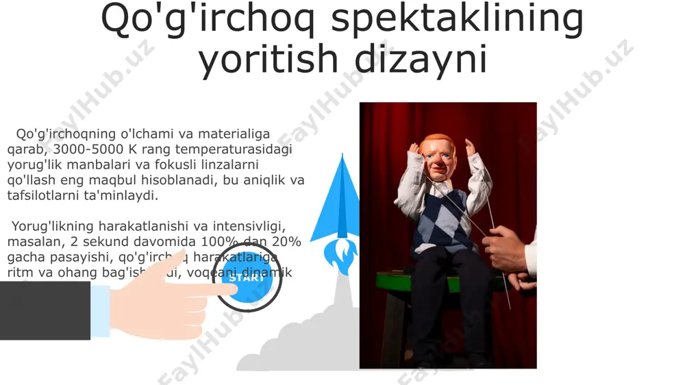 dan ortiq boshqaruv tizimlaridan foydalanish mumkin. bu qo'g'irchoqning harakatlarini yanada realistik va murakkab qiladi. an'anaviy qo'g'irchoq boshqarishda bitta qo'g'irchoqni boshqarish uchun kamida 2 qo'l, ba'zan esa qo'shimcha barmoq yoki boshqa qo'shimcha vositalar kerak bo'ladi, bu esa 5 dan ortiq harakat nuqtasini boshqarishni talab qilishi mumkin. 06 05 04 mashhur qo'g'irchoqchilar 01 02 mashhur qo'g'irchoqchilar orasida 30 yildan ortiq tajribaga ega bo'lgan ustalar ham uchraydi, ularning ba'zilari 100 dan ortiq qo'g'irchoq spektakllarini sahnalashtirgan. qo'g'irchoqchilik maktablari yiliga o'rtacha 20 dan ortiq bitiruvchini tayyorlaydi, ularning aksariyati milliy va xalqaro miqyosdagi festivallarda ishtirok etadi. qo'g'irchoqchilik va bolalar tarbiyasi qo'g'irchoq spektakllari bolalarda 3 dan 7 yoshgacha bo'lgan davrda tasavvur qobiliyatini rivojlantirishga, ijodkorlikka va muloqot ko'nikmalarini shakllantirishga sezilarli hissa qo'shadi. o'rtacha 20-30 daqiqalik qo'g'irchoq spektakli, bolalarning diqqatini jalb qilish bilan birga, ularning emotsional-ruhiy rivojlanishiga ijobiy ta'sir ko'rsatadi va xotirasini mustahkamlaydi. e'tiboringiz uchun rahmat @taqdimot_robot image5.jpg image6.jpg image7.jpg image8.jpg image9.jpg image10.jpg image11.jpg image12.jpg image13.jpg image14.jpg image15.jpg image16.jpg …