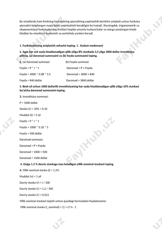 ni beradigan tenglamani aniqlang. b) bir soatdan keyin qancha bakteriya mavjud bo’ladi? 5. a) n(t) = n0 * (1 + r)^t {daraja t} n(t) = 1000 * (1 + 0.06)^t b) bir soatdan keyin bakteriya soni: n(1) = 1000 * (1 + 0.06)^1 n(1) = 1000 * 1.06 n(1) = 1060 shu sababli, bir soatdan keyin 1060 ta bakteriya mavjud bo'ladi. 6. kichik shahar aholisi yiliga -0,4% ga oshadi, chunki odamlarning ish izlab yaqin shaharlarga ketishi tug'ilish ko’rsatgichidan yuqori. 2004 yilda aholi soni 4000 kishi edi. (a) 2004 yildan boshlab t yilda aholi soni, p(t) ni beruvchi tenglamani aniqlang. (b) 2014 yilda aholi soni qancha bo'lishini toping. 6. a) p(t) = 4000 * (1 - 0.004)^t b) p(10) = 4000 * (1 - 0.004)^10 p(10) = 4000 * 0.961 p(10) = 3844 shu sababli, 2014 yilda aholi soni 3844 kishi bo'ladi. 7. samarasiz reklama tufayli a1 kompaniyasi yillik daromadlari keskin …