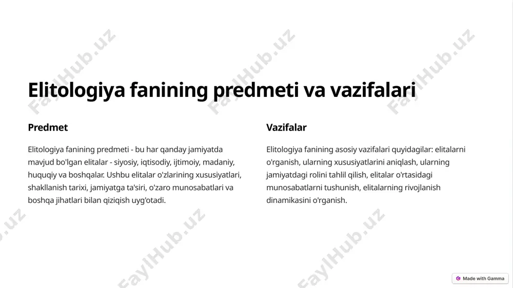 shga yordam berish 1. siyosiy hokimiyatni tahlil qilish elitologiya siyosiy hokimiyatni amalga oshiruvchi elitalarni o‘rganadi. u siyosiy qarorlar qabul qiluvchi shaxslar va guruhlarning qanday shakllanishi, qaysi omillarga asoslanib yetakchi mavqega ega bo‘lishini tahlil qiladi. bu siyosatshunoslikda: a)davlat boshqaruvi mexanizmlarini tushunish; b)hokimiyat tizimidagi elitalarning rolini aniqlash; c)siyosiy jarayonlarni samarali boshqarish uchun imkon yaratadi. 2. demokratik boshqaruvni rivojlantirish elitologiya demokratiyada siyosiy elitalarning o‘rni va ahamiyatini o‘rganadi. elitalarning xalqqa xizmat qiluvchi va manfaatlarini himoya qiluvchi tizimlar yaratishdagi rolini o’rganadi. demokratik boshqaruvda elitalar almashinuvi va ular tomonidan xalqqa javobgarlik masalalarini tahlil qilish siyosatshunoslikning muhim yo‘nalishlaridan biridir. 3. siyosiy elitalar almashinuvi jarayonini tushunish elitologiya elitalarning almashinuvi, ya’ni eski elitalarning yangi avlod bilan o‘rin almashtirishi jarayonini o‘rganadi. siyosatshunoslik uchun bu quyidagilarga yordam beradi: siyosiy barqarorlikni saqlash; inqirozlarni oldini olish; jamiyatni yanada samarali boshqarishga xizmat qiladigan yangi rahbarlarni aniqlash. 4. siyosiy boshqaruvning samaradorligini oshirish elitologiya siyosiy elitalarning: 1)kompetensiyasi; 2)qaror qabul qilish jarayonidagi professional darajasi; 3)ularning xalqqa ta’sirini …