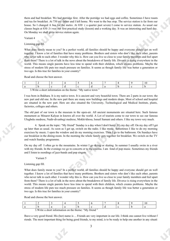 d in solving different life problems. i would like to teach my pupils to enjoy reading, to encourage them to learn our national language and literature, which is the source of national culture. it is known that teaching is a very specific and difficult job. it shouldn't be taken easily. the teacher is a person who is learning as well as teaching all his life. most jobs can be done within the usual office hours from 9 a.m. till 5 p.m., but teacher's work is never done and evenings- are usually spent in marking exercise-books and preparing for the next lesson. 4.speak on the topic: “my family” i am zhilin andrey. andrey is my name and zhilin is my surname. i am seventeen years old. i want to tell you a few words about my family. my family is not large. i have got mother, father and grandmother. there are …